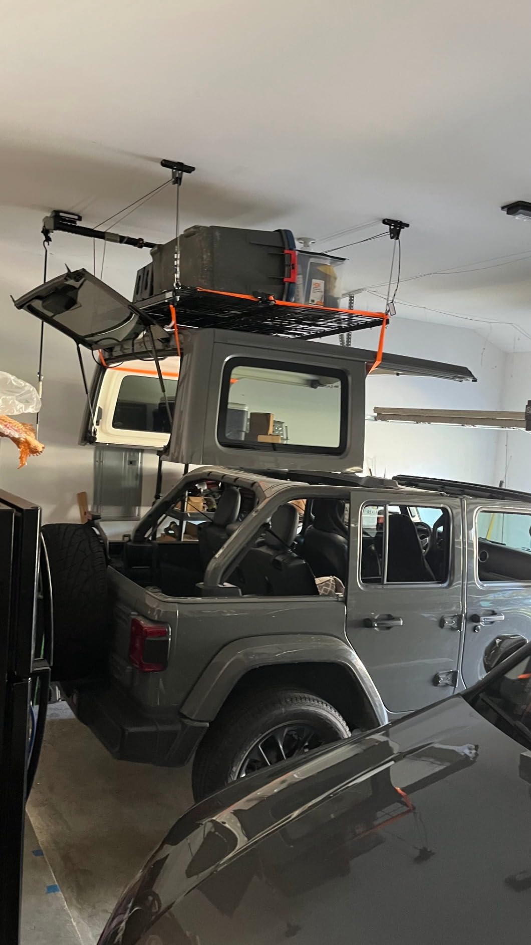 FLEXIMOUNTS GL1 Overhead Garage Lifting Storage Rack, 4x4 Ft Heavy-Duty Metal Garage Ceiling Rack, Adjustable Organization System With 71''L Axle, 350lbs Weight, Black customer photo 2