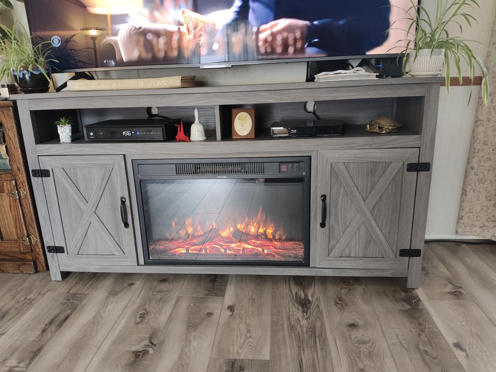 Furmax Farmhouse Fireplace TV Stand for TVs Up to 65 Inch Highboy Entertainment Center with Open Storage and Side Cabinets Rustic Media Console Table with Barn Doors for Living Room (Barnwood) customer photo 2