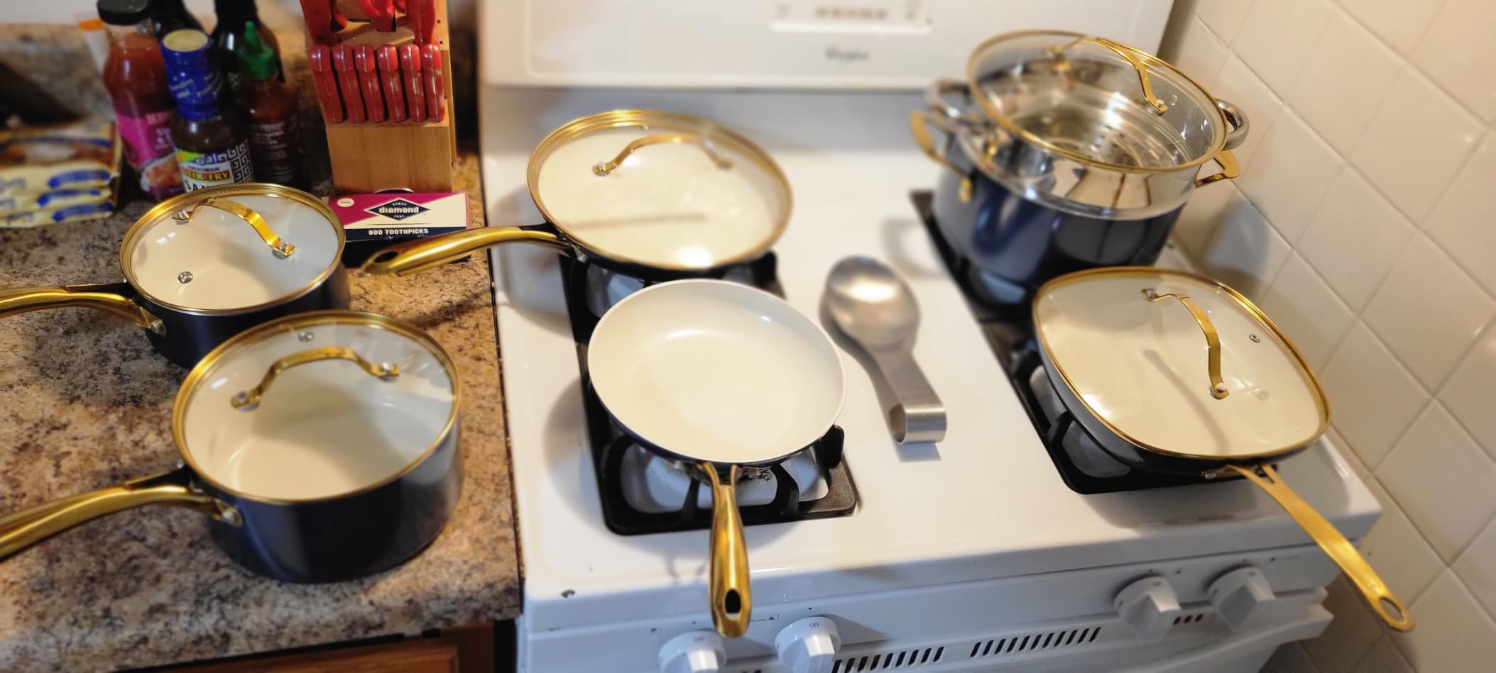 Gotham Steel 12 Pc Pots and Pans Set Non Stick Ceramic Cookware Set | Non Toxic PFOA/PFOS/PTFE Free, Stay Cool Stainless Steel Handles, Dishwasher and Oven Safe, Navy Gold customer photo 1