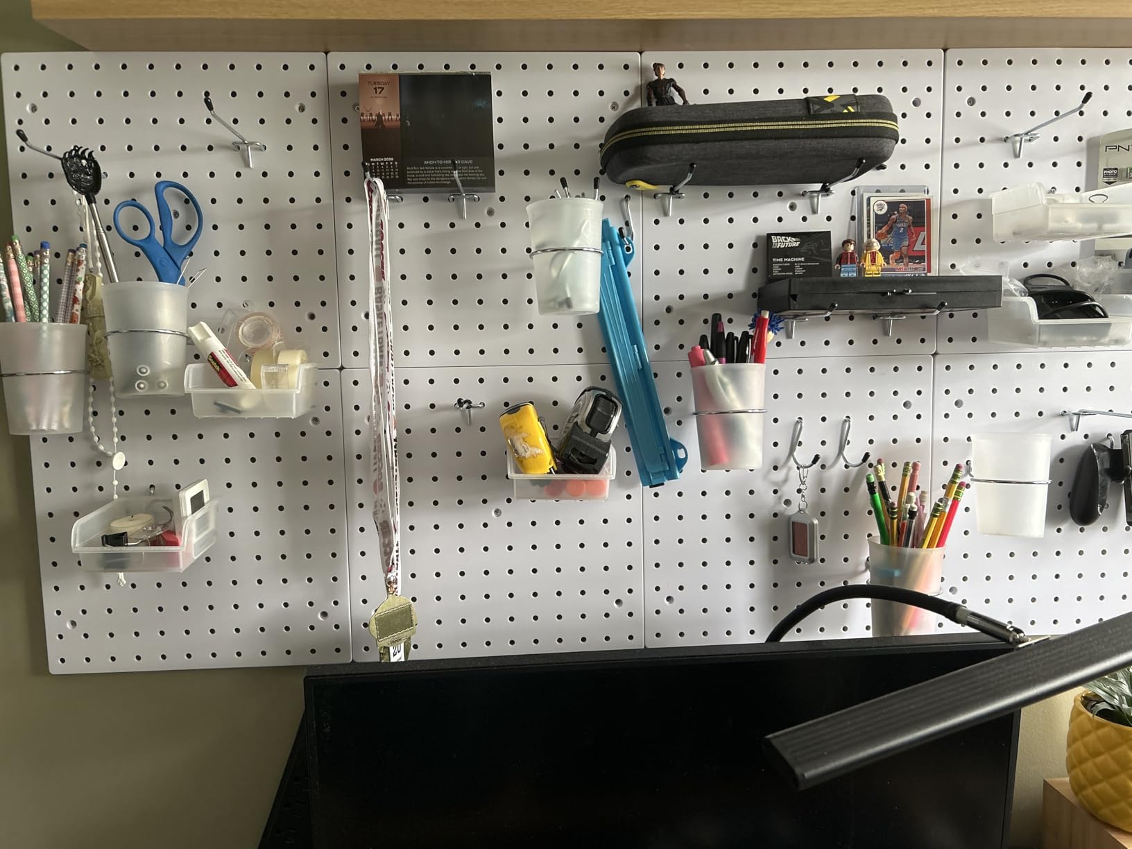 FZK Modular Plastic Peg Board Wall Organizer Kit, 12x12, White | Includes 26 hooks and 2 bins, adhesive or drill mounting, ideal for office, gaming room, garage customer photo 1