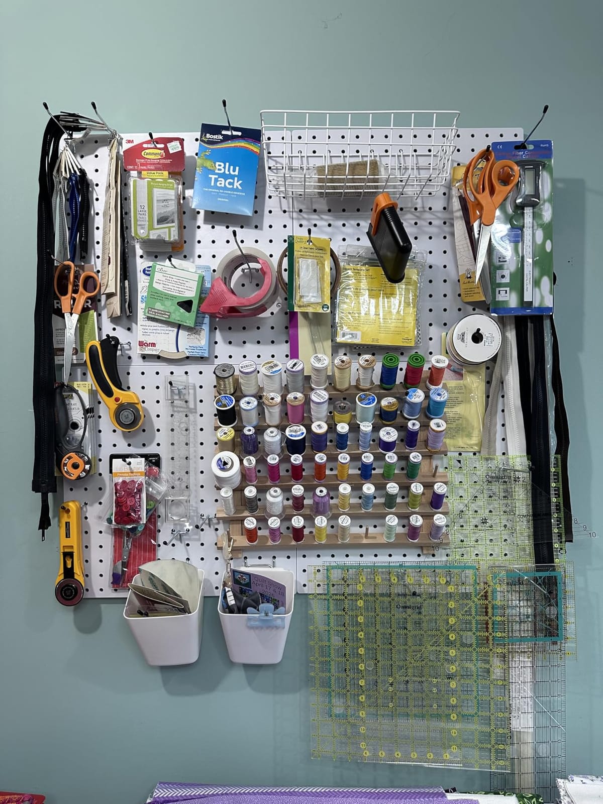 FZK Modular Plastic Peg Board Wall Organizer Kit, 12x12, White | Includes 26 hooks and 2 bins, adhesive or drill mounting, ideal for office, gaming room, garage customer photo 2