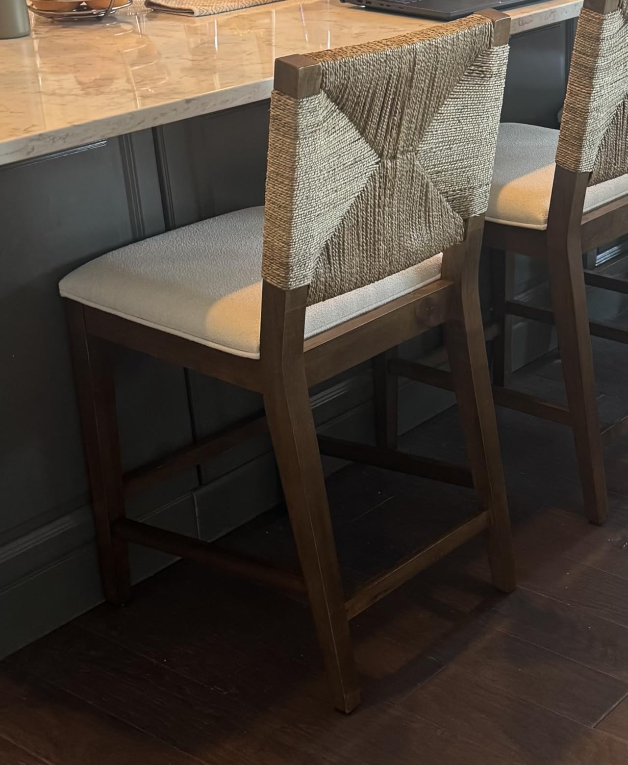 Nathan James Beacon Bohemian Boucle Bar Stool, Upholstered Counter Height Chair with Solid Wood Frame and Woven Seagrass Back for Kitchen Island, Light Brown/Seagrass/Cream Boucle, Set of 2 customer photo 2