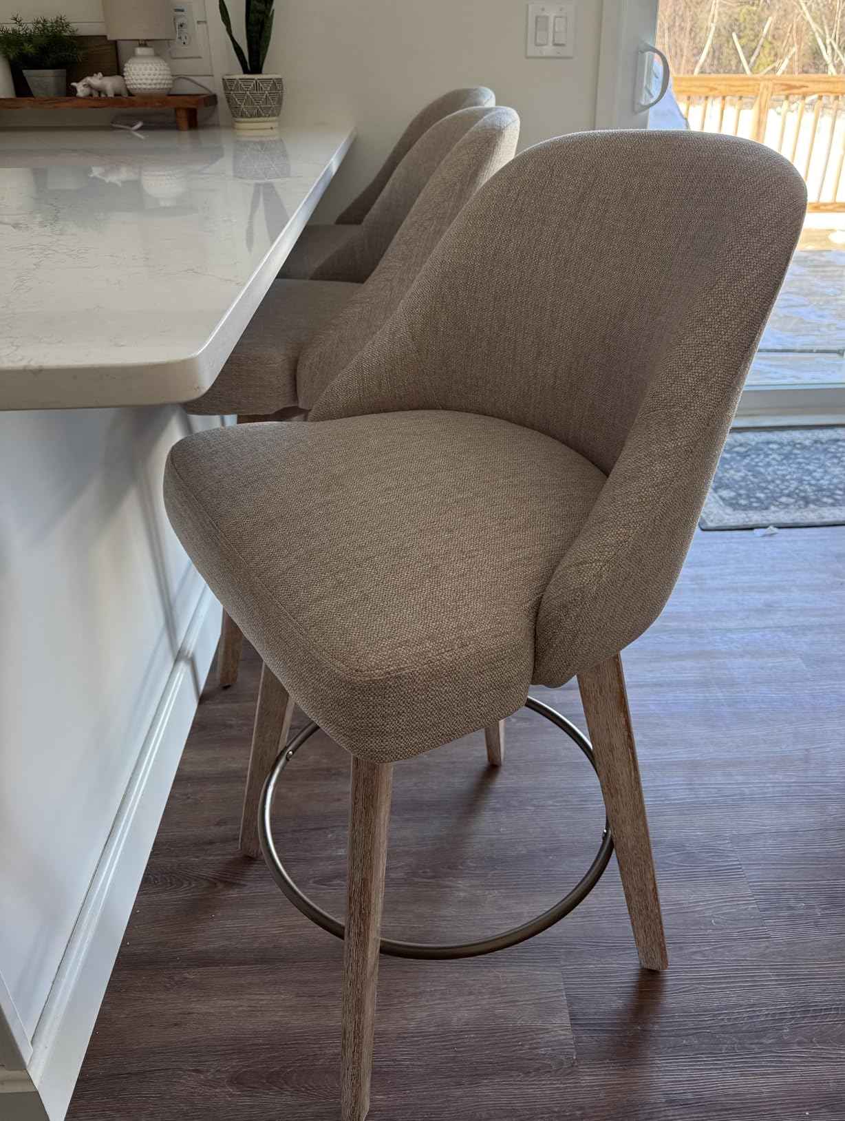 Bekrvio Counter Height Bar Stools Set of 3, Modern Mid-Century Swivel Barstools with Backs and Wood Legs, Linen Fabric Upholstered Bar Chairs, 26