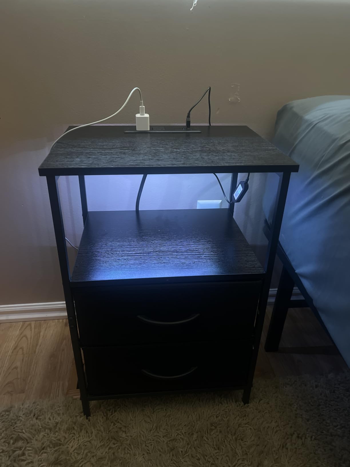 Huuger Night Stand with Charger Station and LED Lights, 2 Drawer Nightstand | Bed Side Table with Open Shelf End Table Fabric Drawers for Bedroom, Black customer photo 1