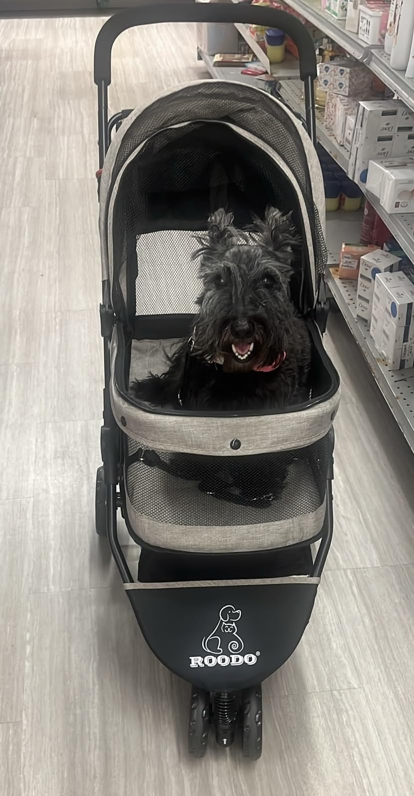 ROODO 3 Wheel Dog Pet Cat Stroller Best Lightweight Foldable Compact Portable Jogger All Terrain Travel Pet Gear Puppy Kitty Stroller for up to 30lbs Medium Small Dogs and Cats (Light Khaki) customer photo 1