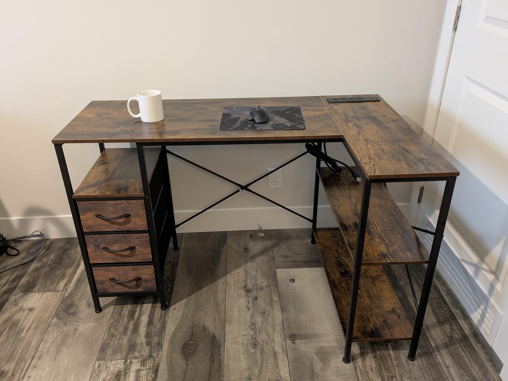 Huuger L Shaped Office Desk with Power Outlets & 3 Drawers | 47 Inch Computer Desk with Shelves, for Gaming, Corner Work, Home Office, Study, Rustic Brown customer photo 2