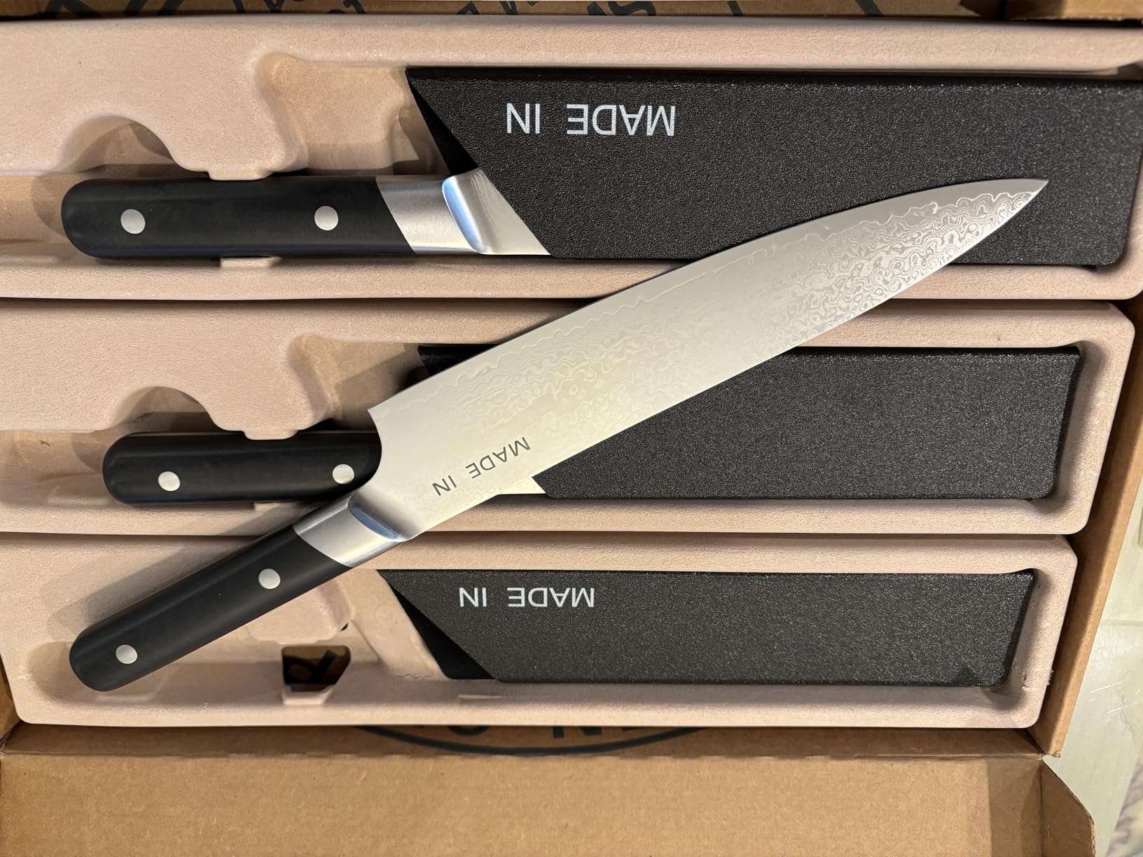 Made In Cookware - 3-piece Japanese Damascus Steel Knife Set (Includes Gyuto, Nakiri and Santoku) - 66 Layers of Damascus Steel with a VG-10 Core - Crafted in Japan - Full Tang With Black POM Handle customer photo 1