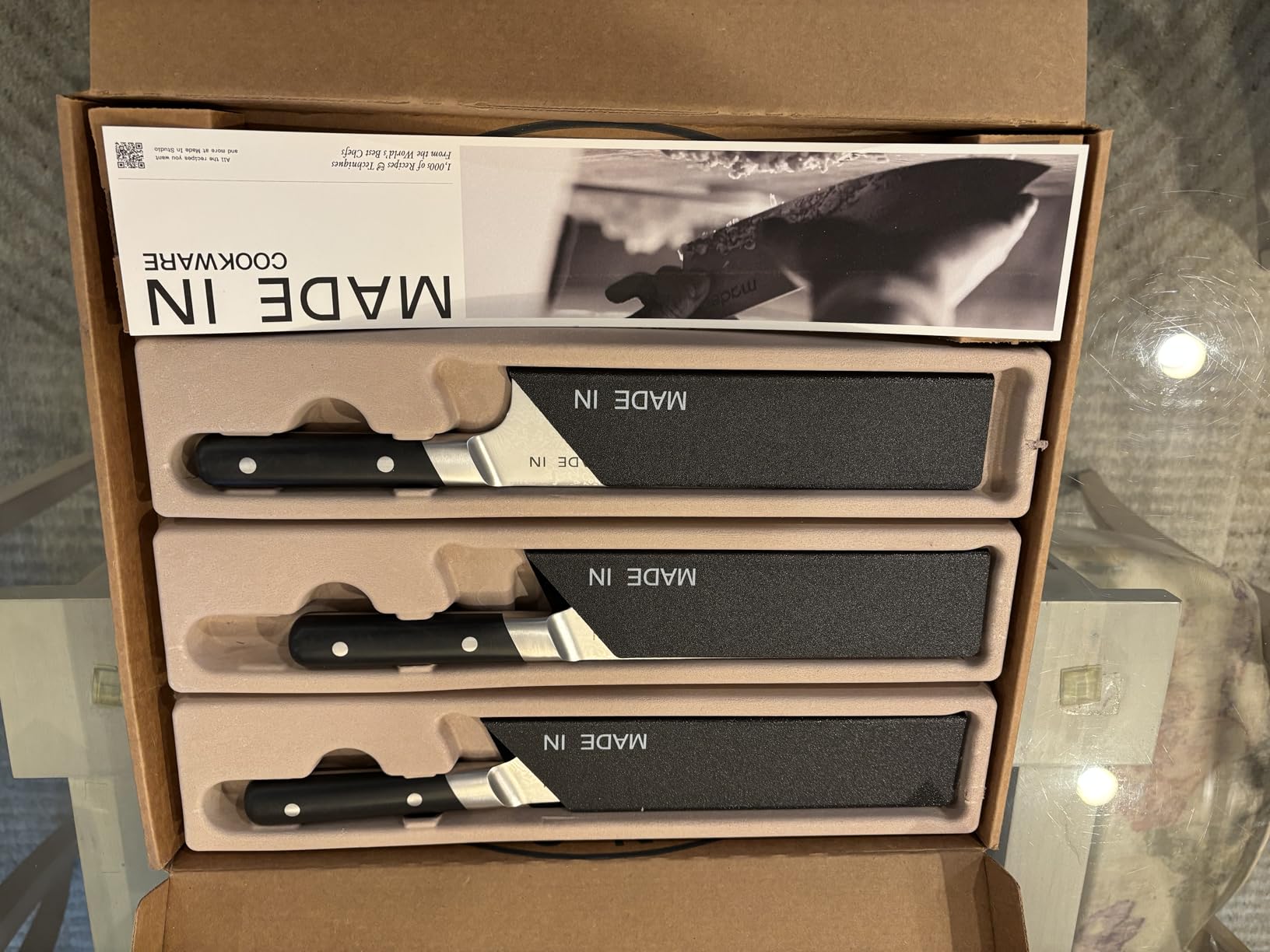 Made In Cookware - 3-piece Japanese Damascus Steel Knife Set (Includes Gyuto, Nakiri and Santoku) - 66 Layers of Damascus Steel with a VG-10 Core - Crafted in Japan - Full Tang With Black POM Handle customer photo 2