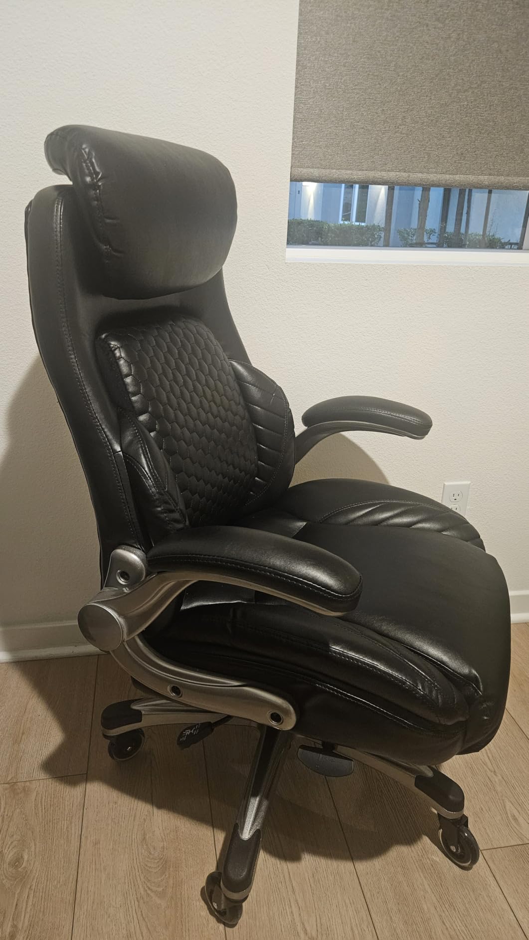 COLAMY Office Ergonomic Desk High Back Executive Chair with Pop-Out Lumbar Support, Upgraded Casters, Adjustable Headrest, Flip-Up Arms, Leather Home with Thick Cushion for Comfort - Black customer photo 1