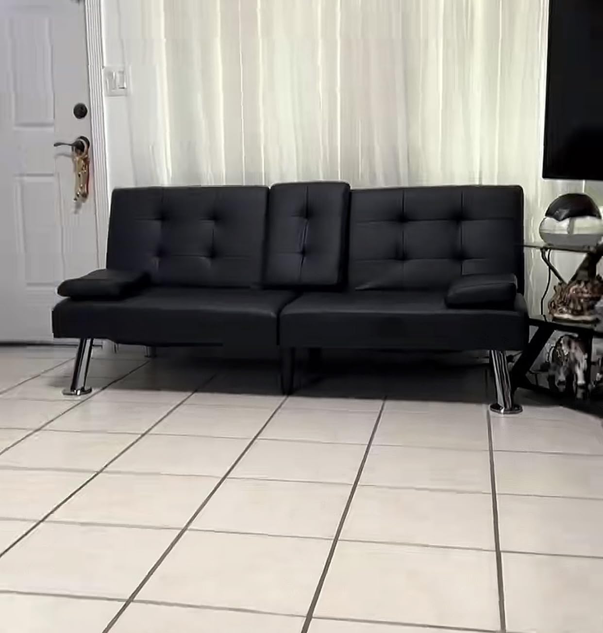 Homall Black Faux Leather Futon Sofa Bed, Loveseat with Adjustable Backrest, Futon Couch with Removable Armrests, Recliner Sleeper Sofa with Dual Cup Holders for Living Room, Apartment, Office customer photo 1