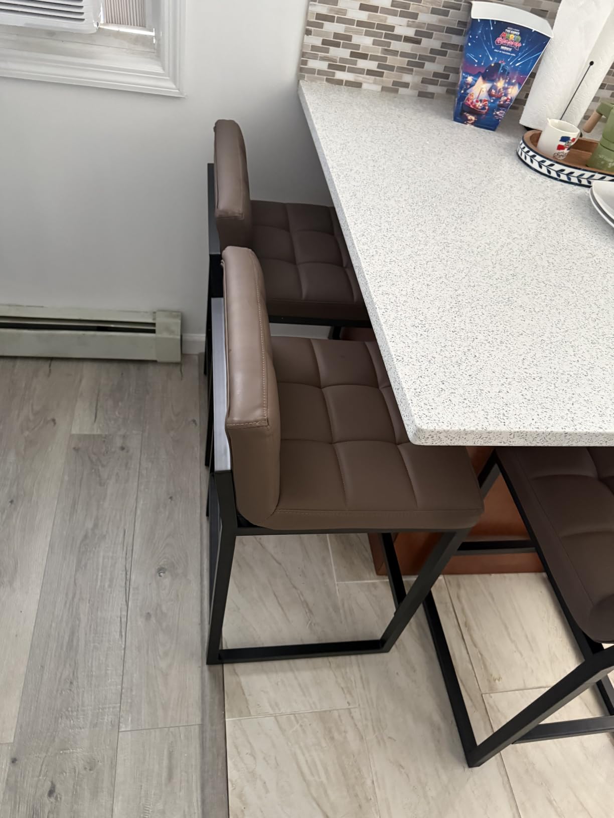 FIRAVOE Bar Stools Set of 3, Upholstered PU Leather Counter Height Barstools with Low Back and Thickened Metal Legs, Modern Chairs for Kitchen Island, Bar (Coffee Brown, 3Pcs 26