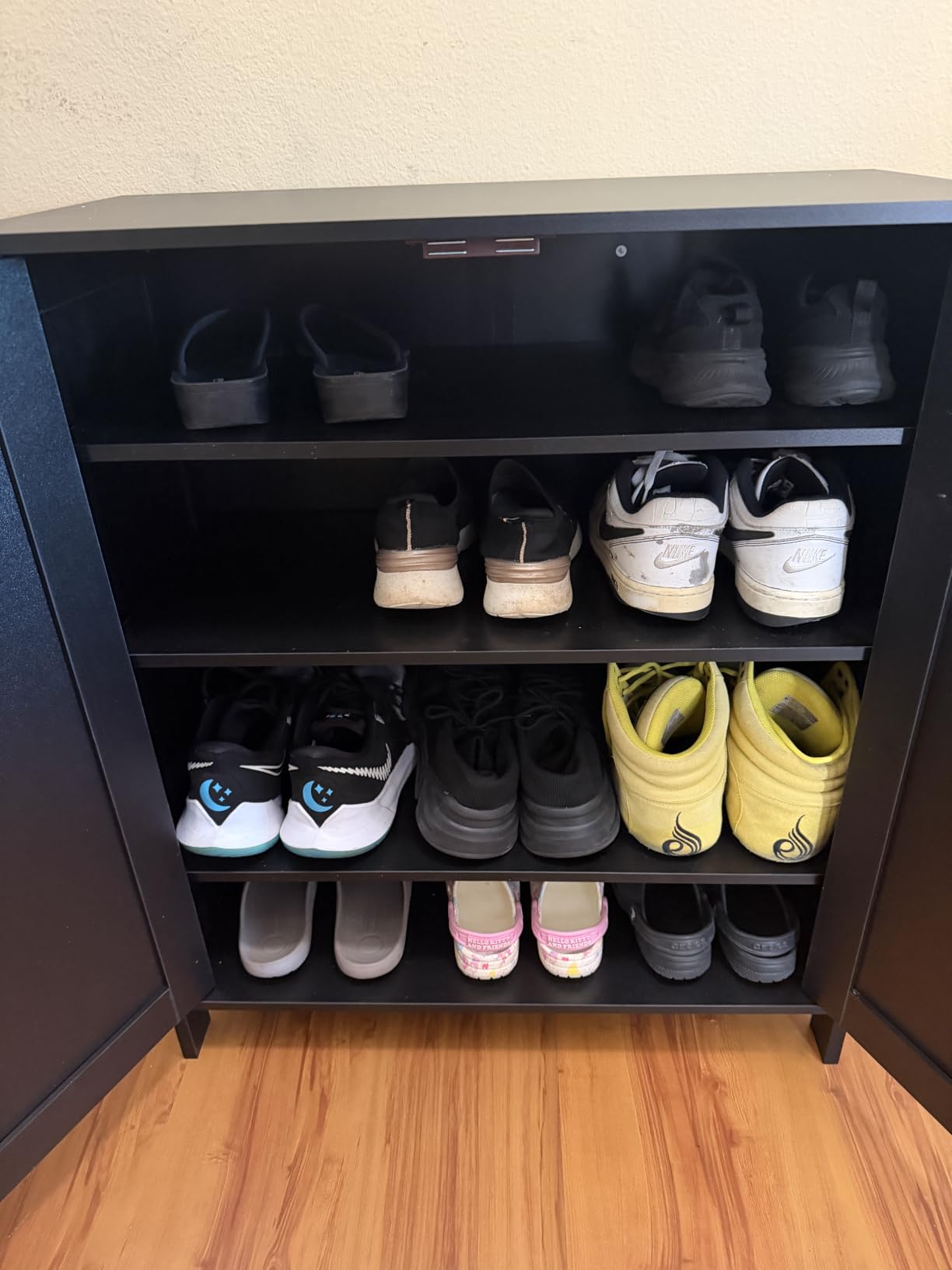 Homleke Farmhouse Shoe Cabinet with 2 Barn Doors & Wood Legs | Tall 4-Tier Shoe Storage Cabinet, 3 Adjustable Shelves, Shoe Rack Organizer, for Entryway, Hallway, Closet, White customer photo 2