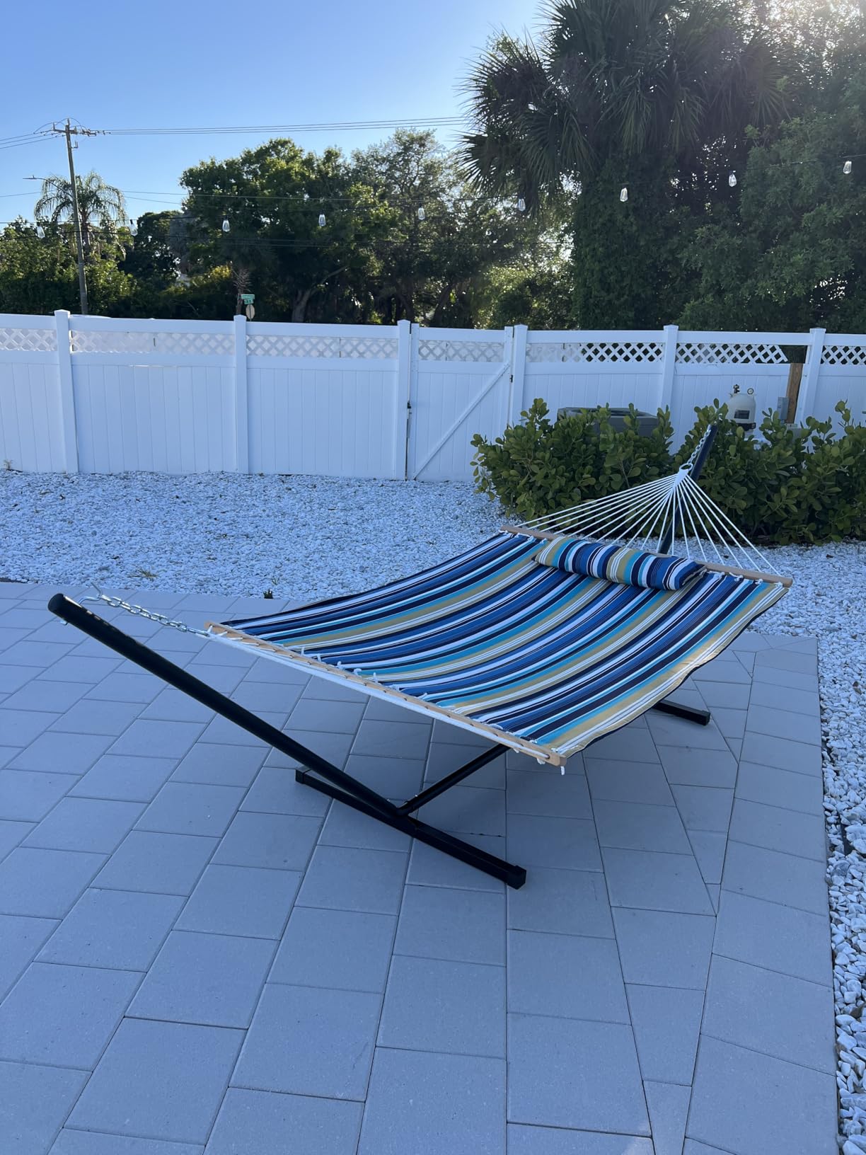 GAFETE 12ft 2 Person Hammock for Outside with Hardwood Spreader Bar | 475 lbs, Comfy Quilted Fabric, Extra Large Removable Pillow, Convenient Side Pocket & Secure Carabiners, Catalina Beach customer photo 2