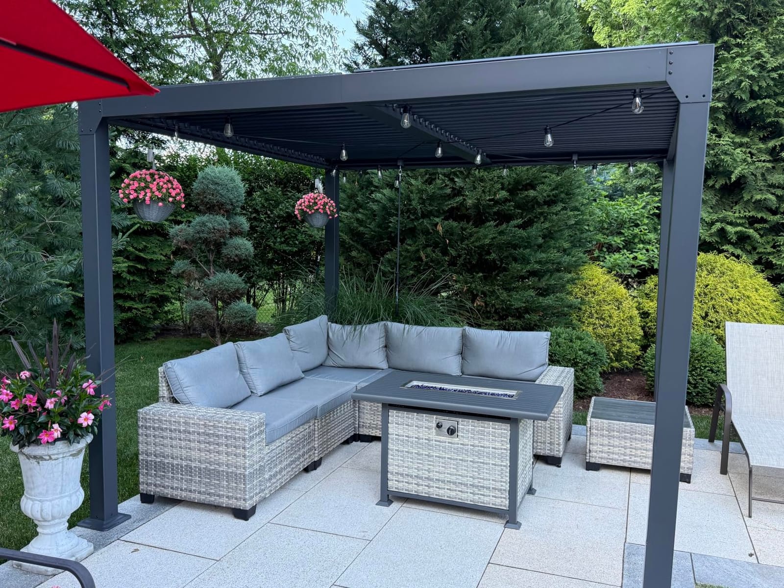 Outdoor Patio Furniture Set PE Wicker Rattan Outdoor Sectional Sofa | Patio Conversation Set with 55,000 BTU Fire Pit Table & Rocking Swivel Chair, Coffee Table & Thickened Cushions, Dark Grey customer photo 2