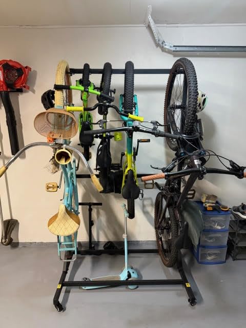 monTEK Freestanding Bike Storage Rack with Wheels for 5 Bikes | Heavy Duty 350LBS Vertical Bike Stand, 5 Bike Hooks & 6 Helmet Hooks, Indoor and Outdoor Bike Storage Rack, Locking Casters customer photo 1