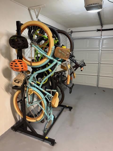 monTEK Freestanding Bike Storage Rack with Wheels for 5 Bikes | Heavy Duty 350LBS Vertical Bike Stand, 5 Bike Hooks & 6 Helmet Hooks, Indoor and Outdoor Bike Storage Rack, Locking Casters customer photo 2