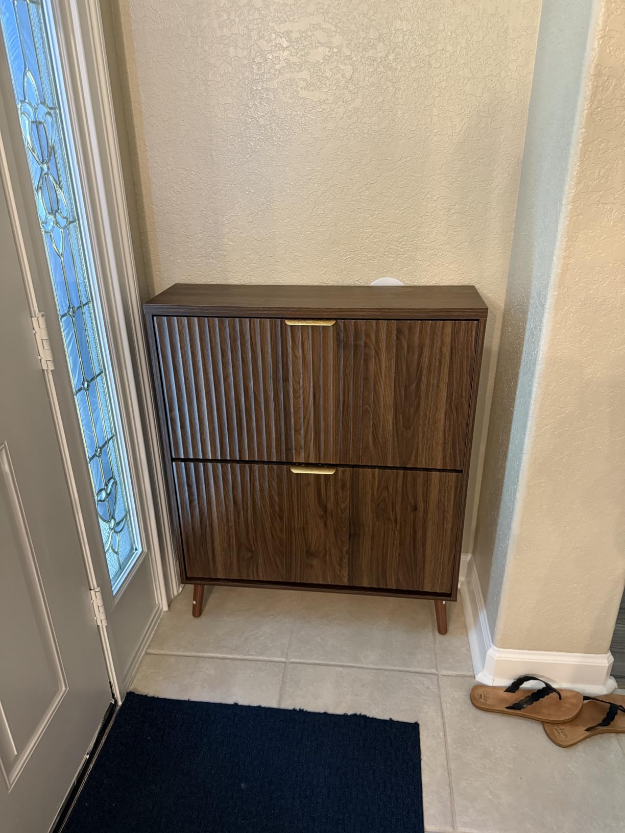 Shoe Cabinet Storage, Modern Freestanding Organizer with 2 Flip Drawers, Narrow Shoe Rack for Entryway, Walnut customer photo 1