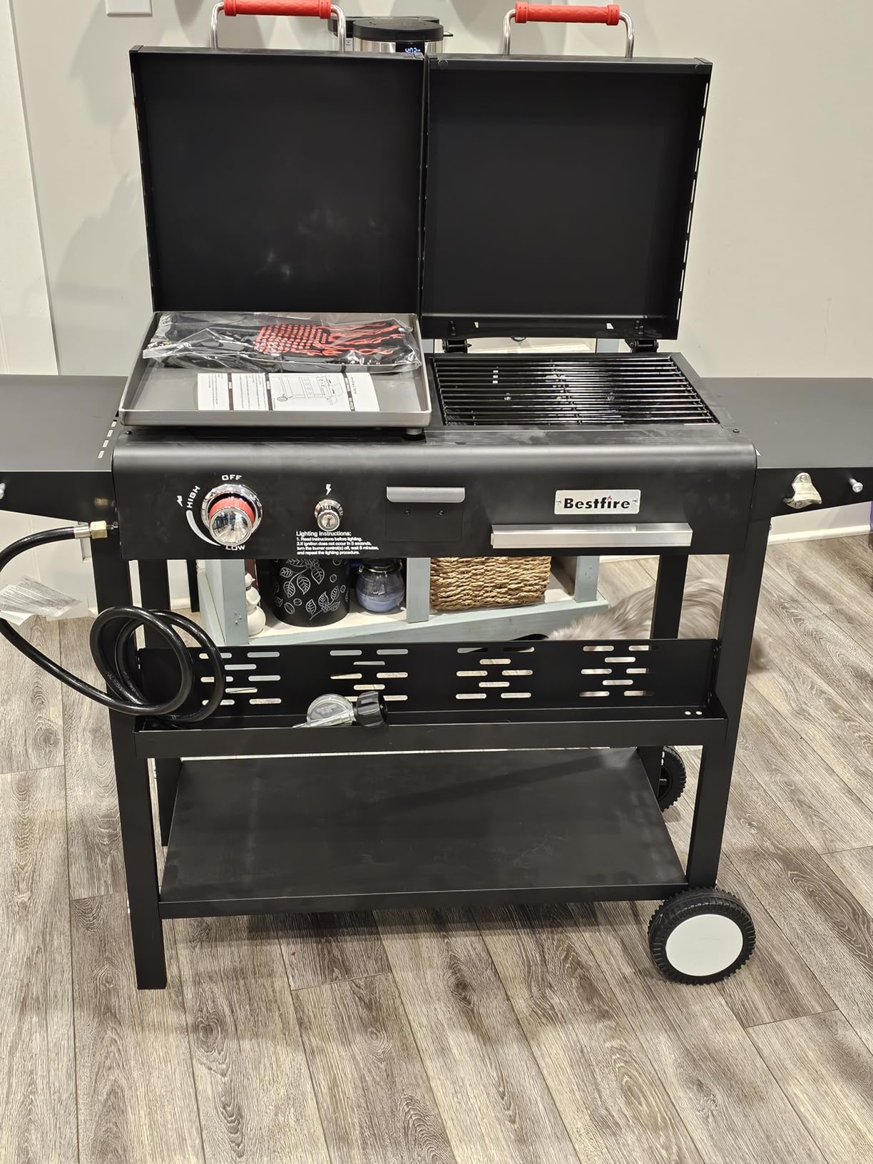 Propane Gas Griddle Charcoal Grill Combo Flat Top Griddle W/Dual Lids & 2 Side Shelves Dual Fuel BBQ Grill for Outdoor Barbecue customer photo 2