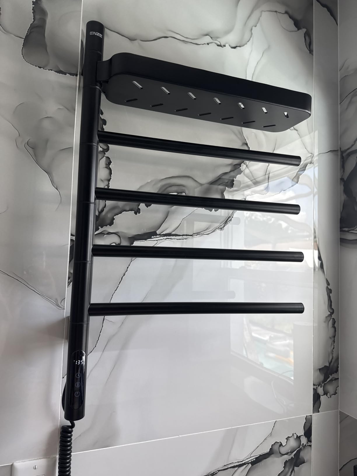 ENZE Smart Rotating Heated Towel Rack, 4-Bar, Gray - Wall-Mounted Electric Towel Warmer Rack, Swivel Shelf, Wi-Fi App Control, 24H Timer, Stainless Steel customer photo 1