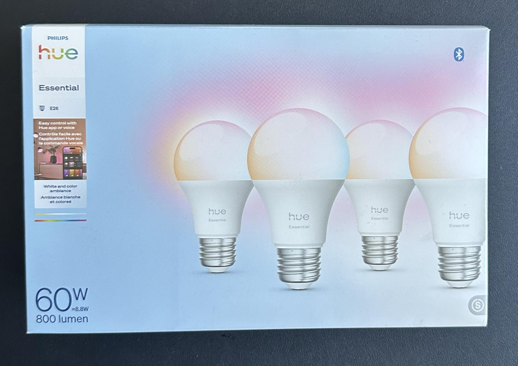 Philips Hue Essential Smart LED A19 Bulb, 4-Pack | White & Color Ambiance, E26, 7.2W, 2200K-6500K, 800 Lumens, Dimmable, Works with Alexa, Google Assistant, Apple Home customer photo 1