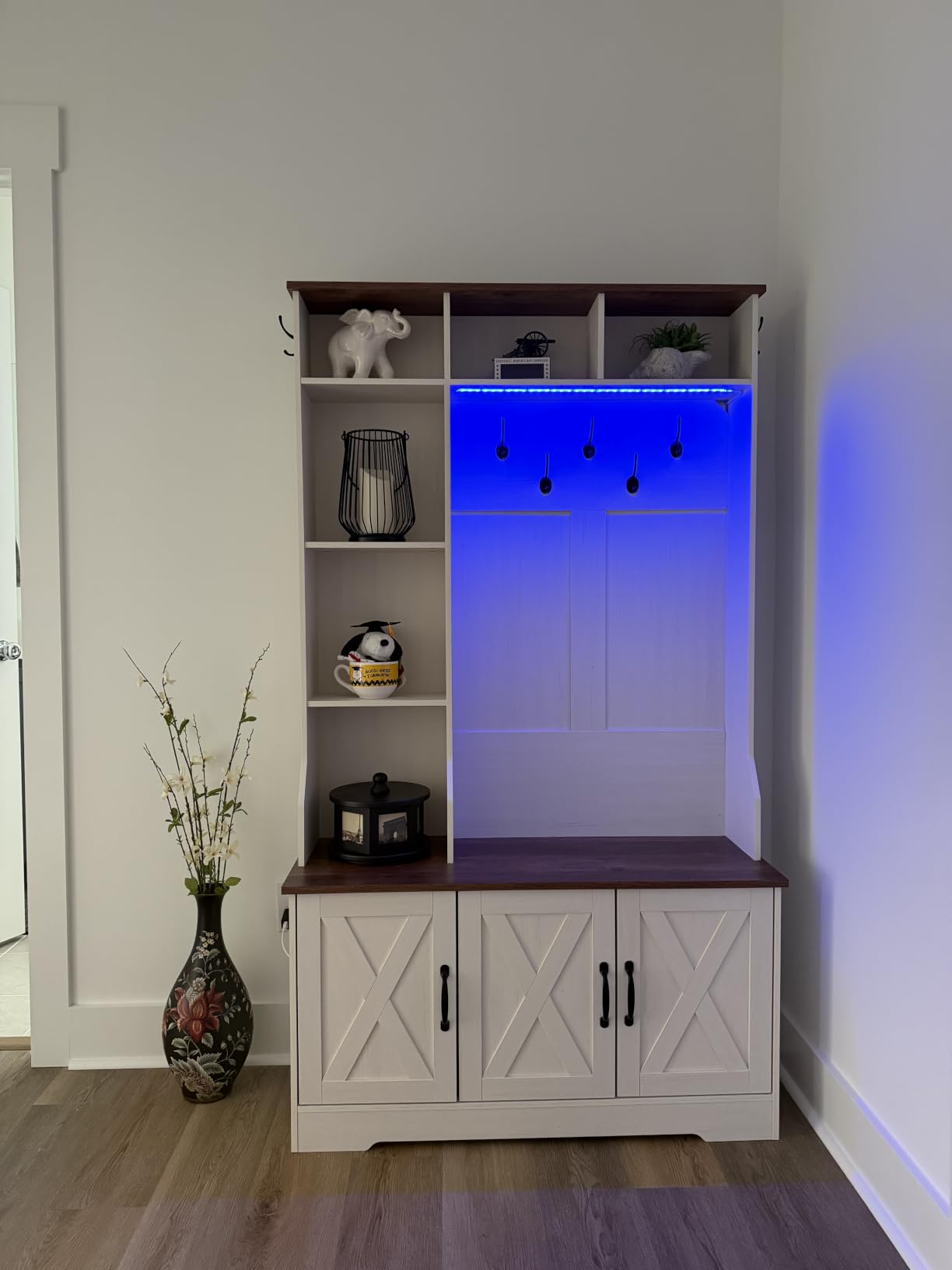 CSZZD Hall Tree with Bench & Entryway Coat Rack with Shoe Storage | Farmhouse Entryway Bench with Led Lights, 7 Coat Hooks, 6 Storage Cubbies, Adjustable Shelf, Spacious Shoe Storage Bench customer photo 1