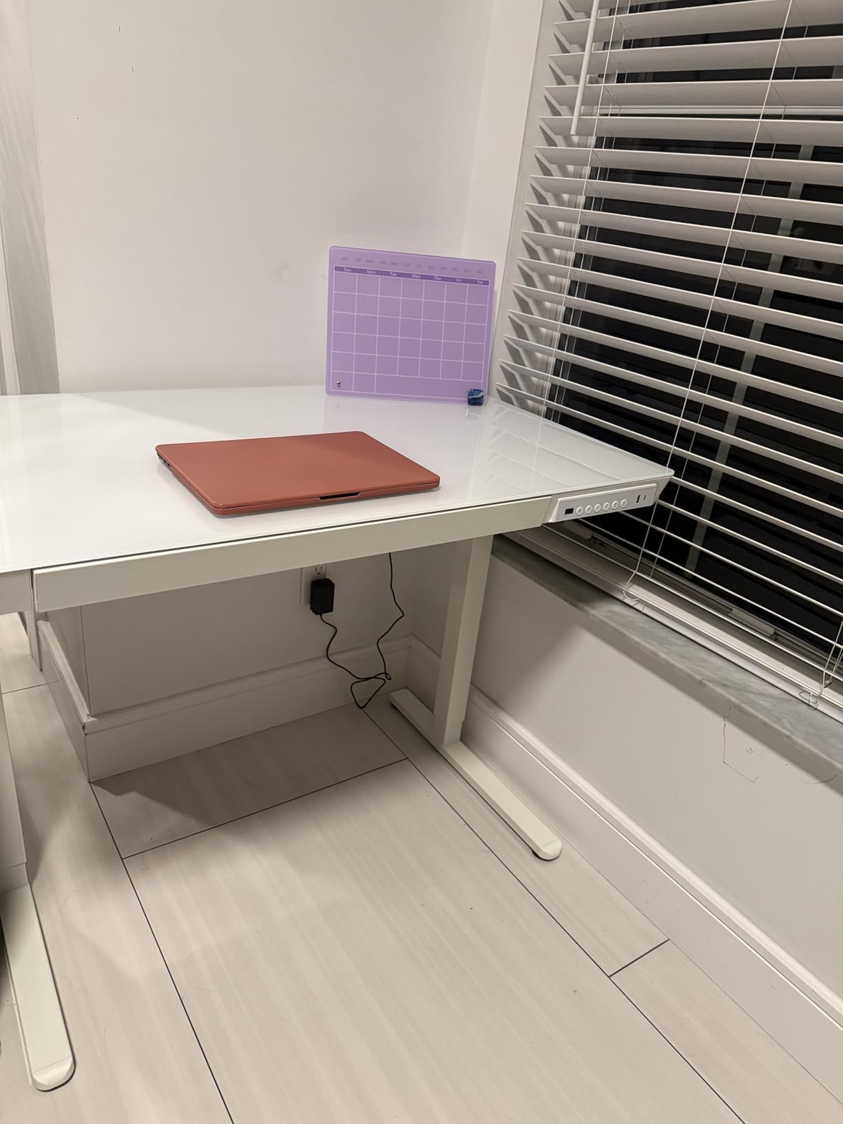 HUANUO Glass Standing Desk with Drawers, 35 X 20 Inch Electric Adjustable Height Desk, Quick Install One-Piece Tabletop with USB Charging Ports, White customer photo 2