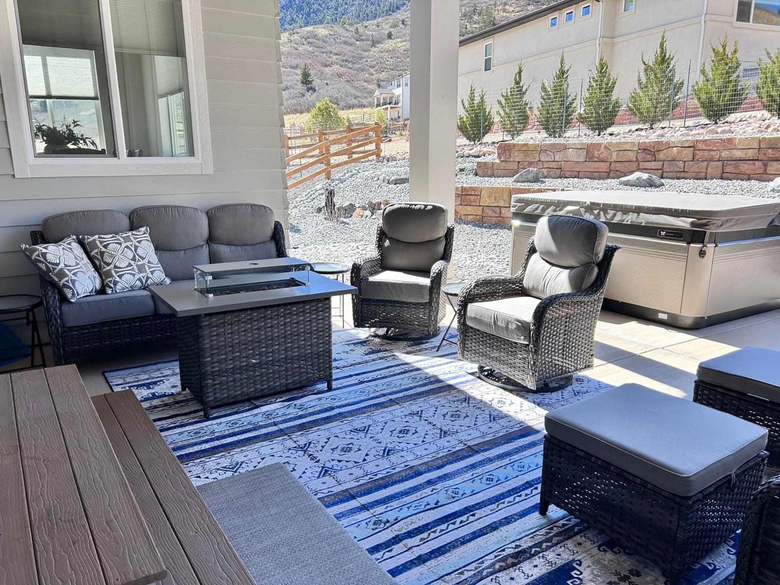 Luxury Patio Furniture Set with Fire Pit Table-4 Pieces High Back Wicker Swivel Rocker Chairs with 6