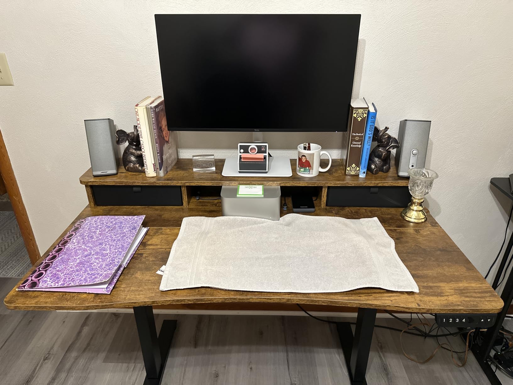 Veken 47x28 in Electric Standing Desk with Drawers, Adjustable Table, Brown | Stand up Computer Desk for Home Office, Work & Study, with Storage, 3 Memory Presets, Cable Organizer, Hook, and Quiet Lift. customer photo 2