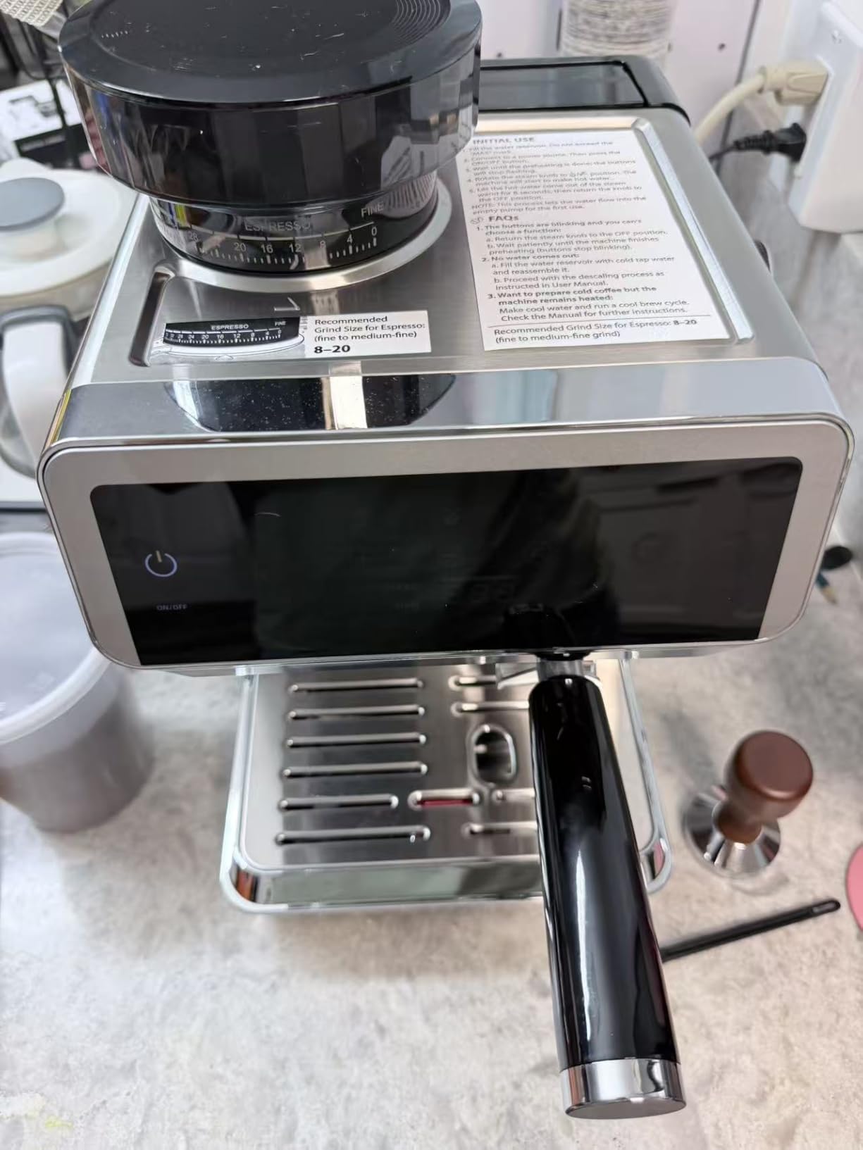 AMZCHEF Espresso Machine With Grinder, Temp Control, 44 Grind Settings | Hot & Cold Brew, Cappuccinos & Lattes, Built-in Grinder, Milk Frother, Touch Screen, Easy to Clean, Compact Design, Silver customer photo 2