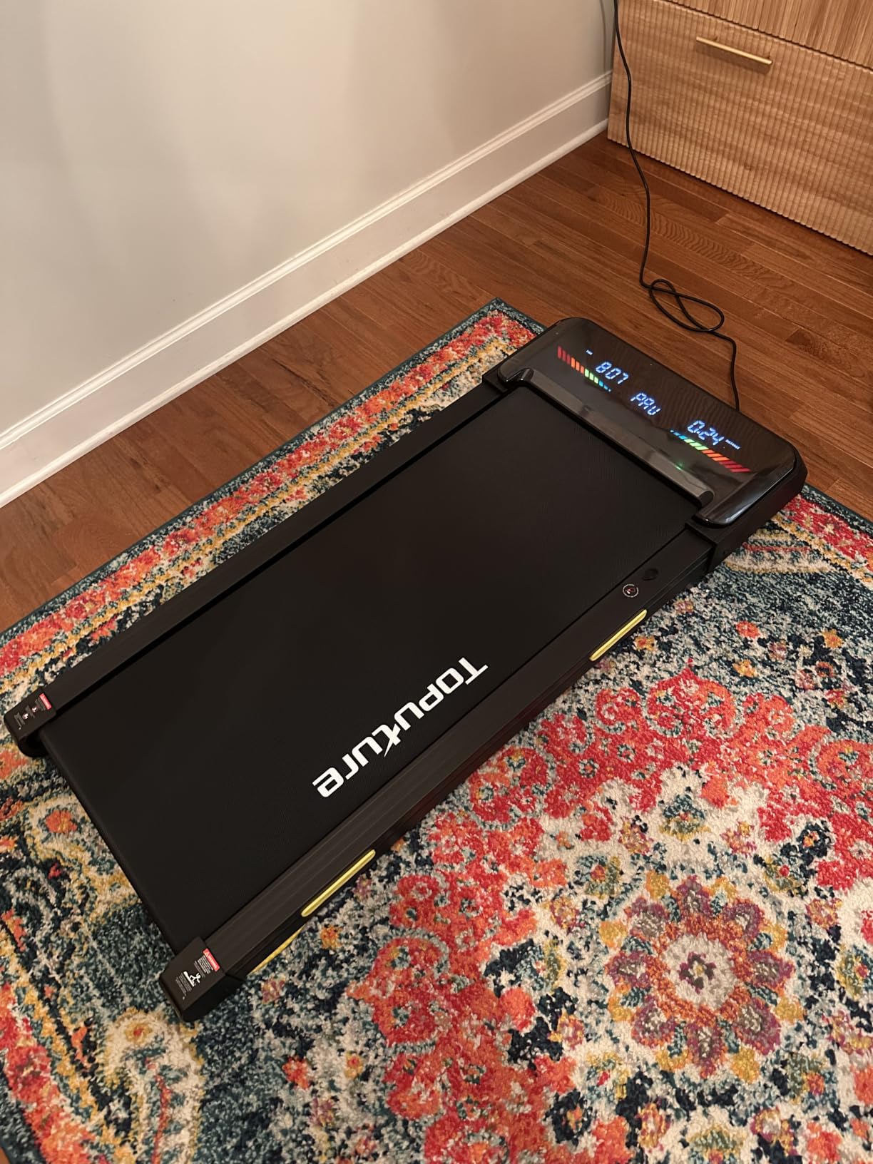 TOPUTURE Walking Pad Treadmill with 15% 15-Level Auto Incline, 3.0HP Quiet Brushless Under Desk Treadmill, Compact Treadmills for Home/Office, RGB LED Screen, Bluetooth Speaker, Remote/App Control customer photo 1