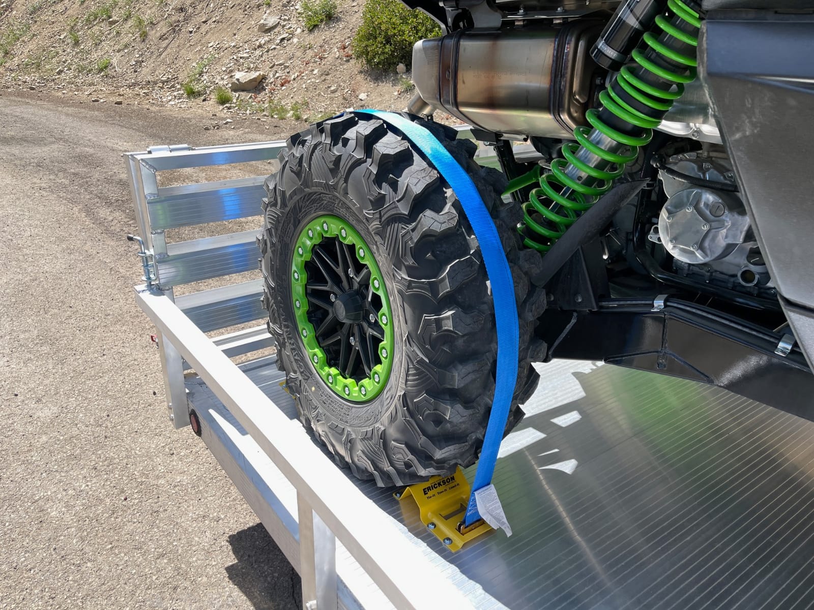 Erickson Wheel Chock Tie-Down Kit - Double Slotted E-Fitting, 2 in x 7.5 ft | Fits 10-30 in Tires, 1,500 lb Ratchet Straps - Secures ATV, UTV, SxS, Mowers & More customer photo 1