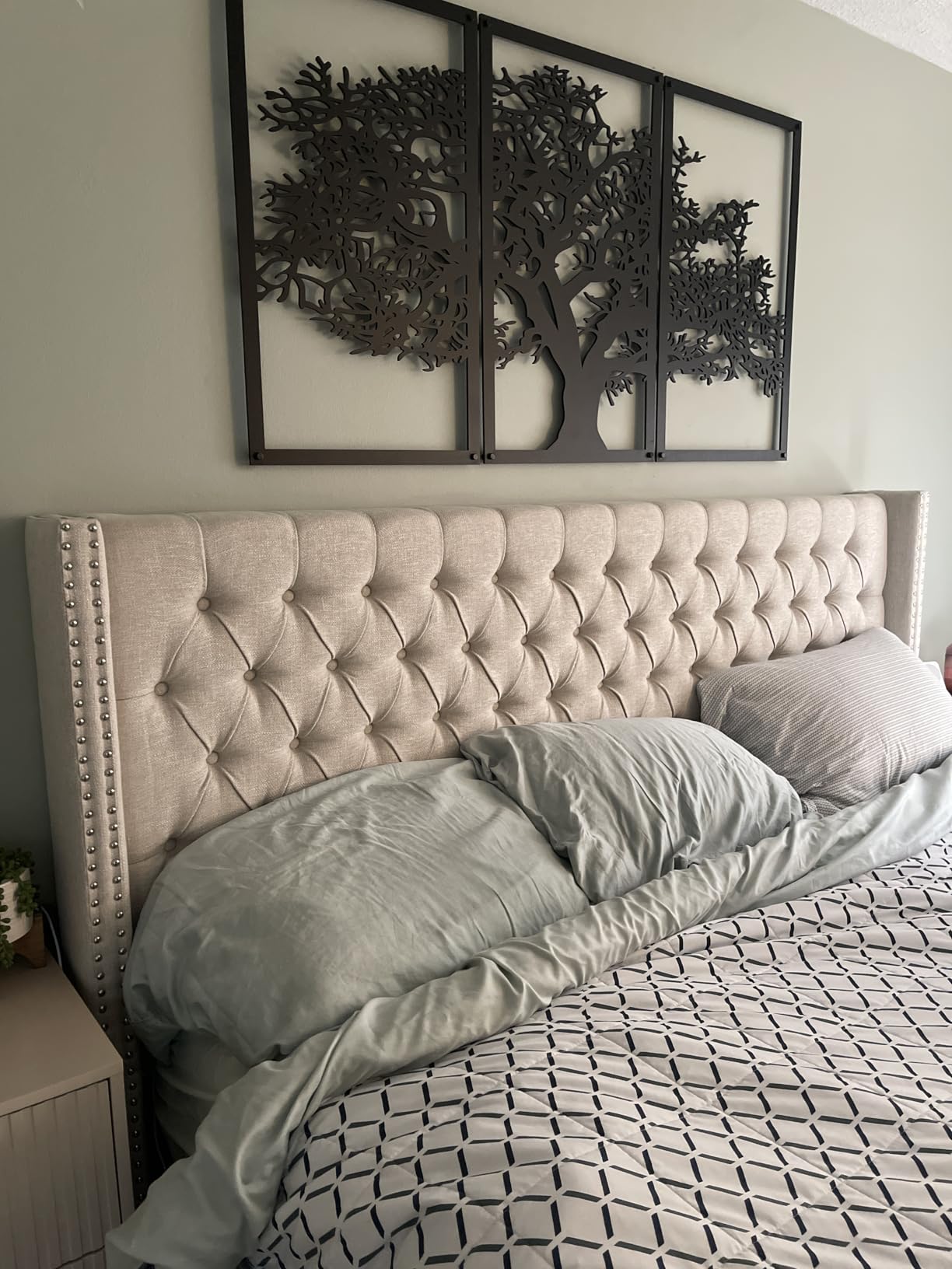 Madison Park Amelia Upholstered Headboard | Nail Head Trim Wingback Button Tufted | King, Cream customer photo 1