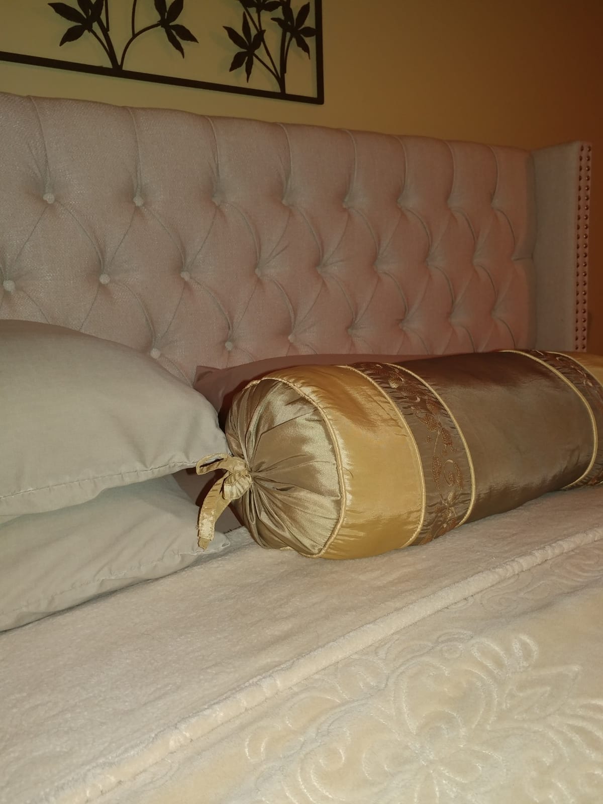 Madison Park Amelia Upholstered Headboard | Nail Head Trim Wingback Button Tufted | King, Cream customer photo 2
