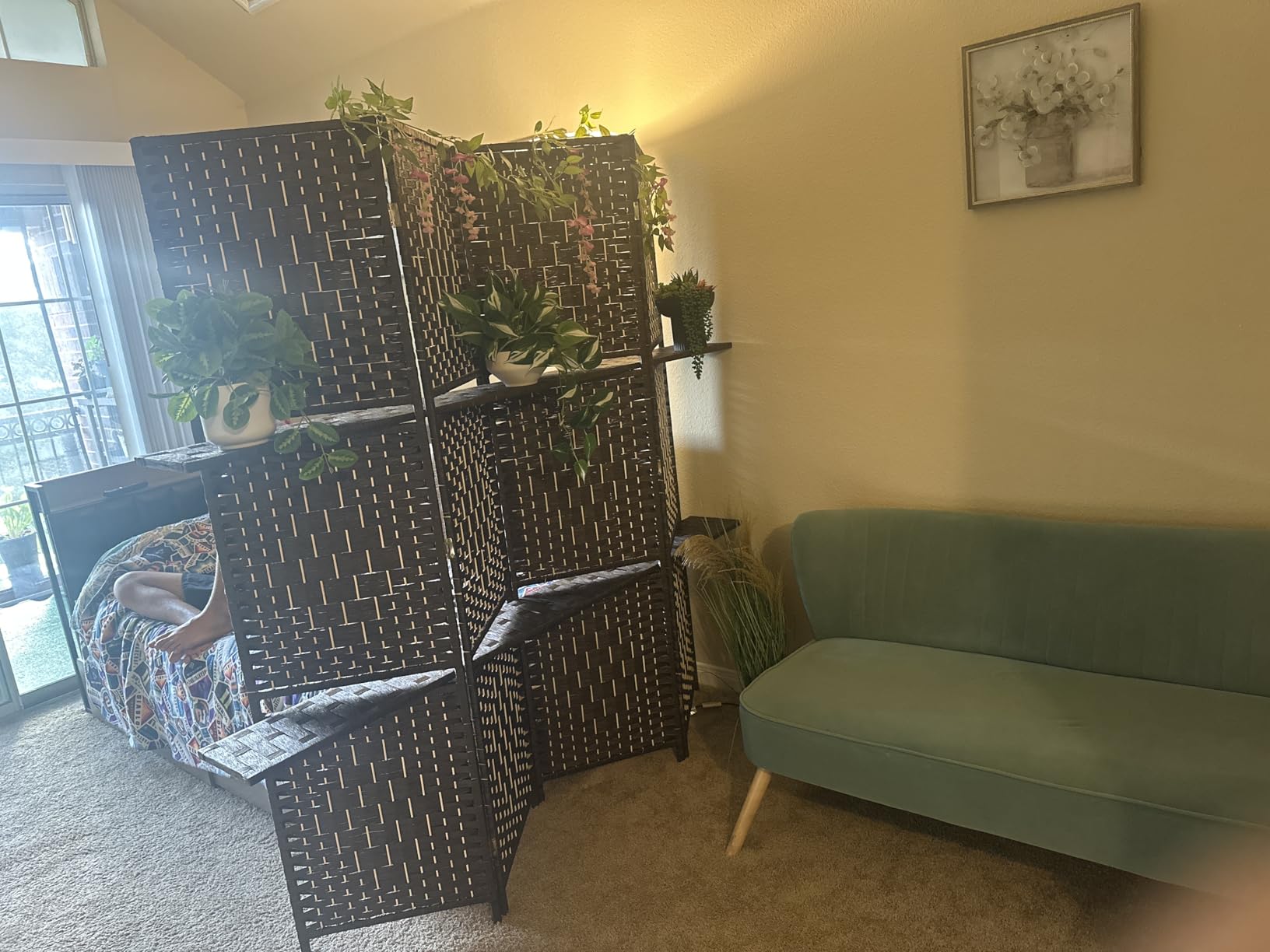 FDW | 4 Panel Folding Room Divider with Shelves | 5.9ft, Brown | Wooden Wall Divider | Hand Woven Mesh, Portable & Foldable | Easy to Move | For Space Separation, Living Room, Bedroom customer photo 2