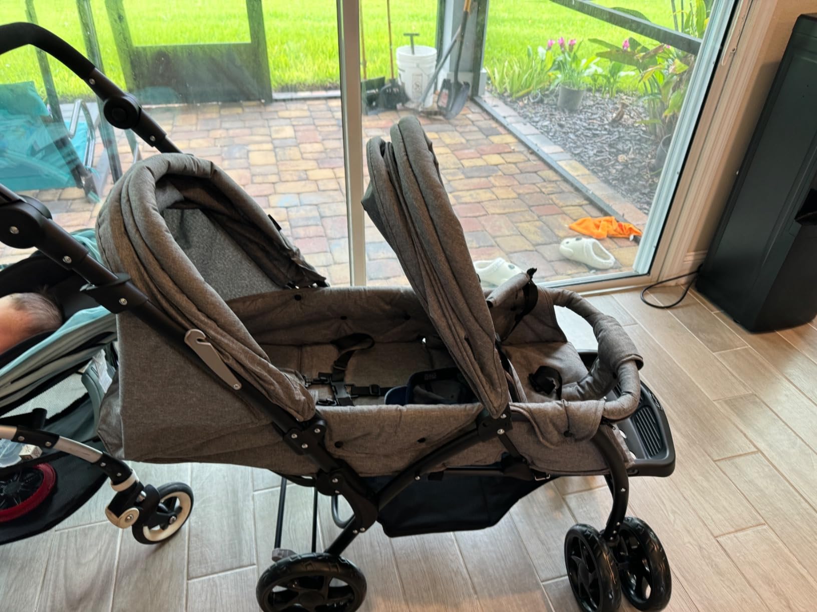 BABY JOY Double Stroller, Foldable Lightweight Twin Stroller with Tandem Seating, Adjustable Backrest/Canopy/Footrest, 5-Point Harness, Storage Basket, Newborn and Toddler (Black) customer photo 2