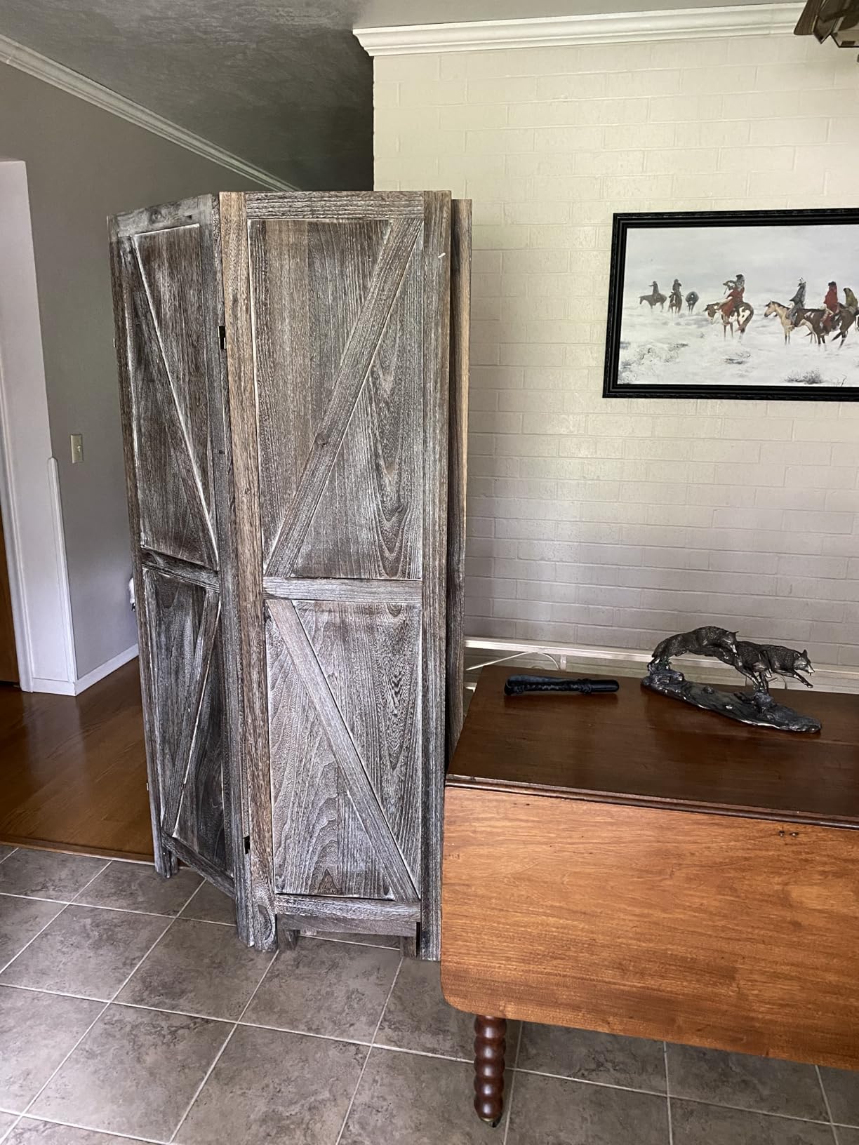 Premium Home 4-Panel Room Divider - Rustic Brown Barn Door, K Pattern Folding Privacy Screen, Partition Wall customer photo 2