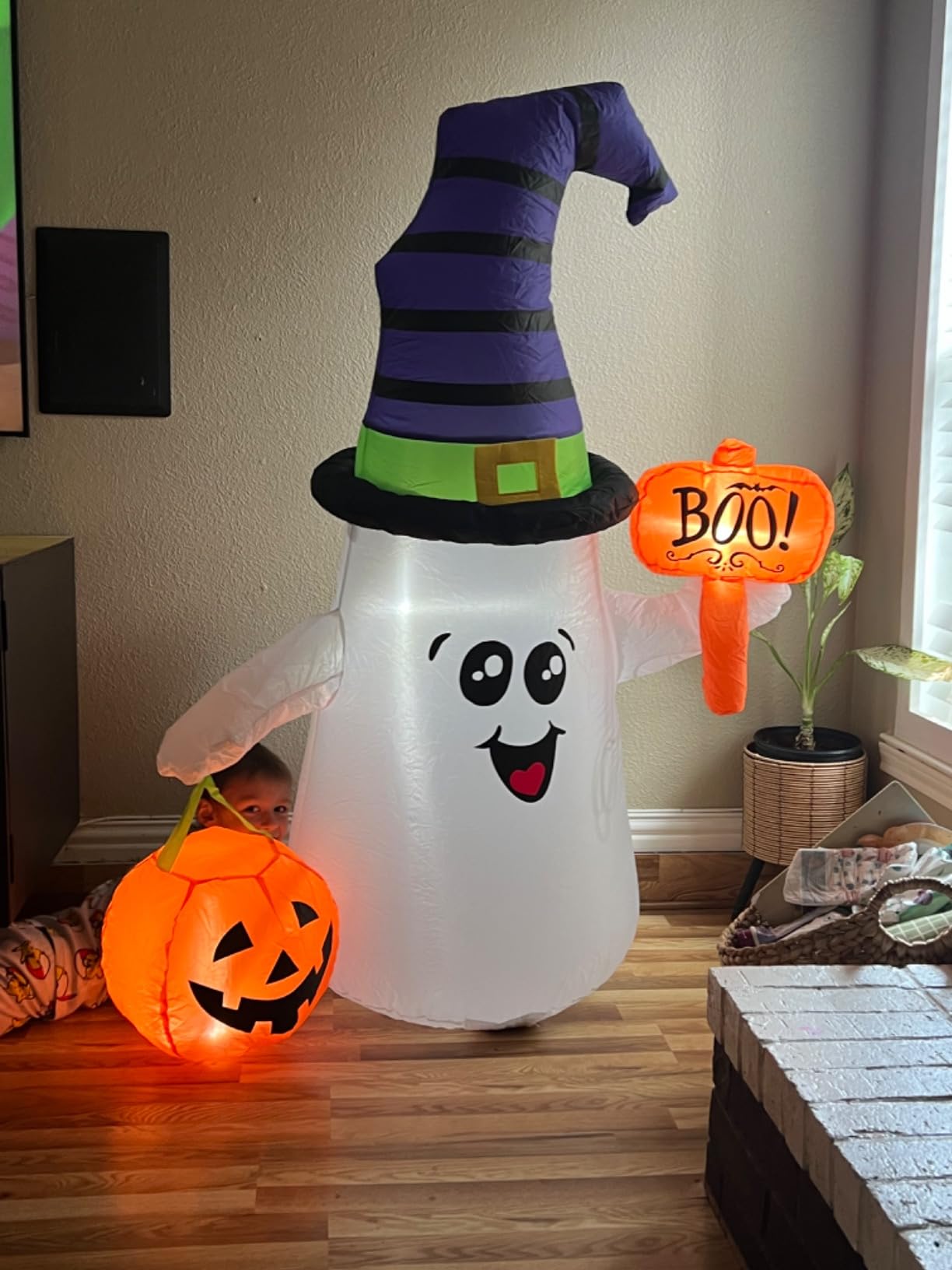 GOOSH 5 FT Halloween Inflatables Ghost Outdoor Decorations Blow Up Yard Cute Wizard Ghost with Pumpkin with Built-in LEDs for Garden Lawn Indoor Party Holiday Decor customer photo 2