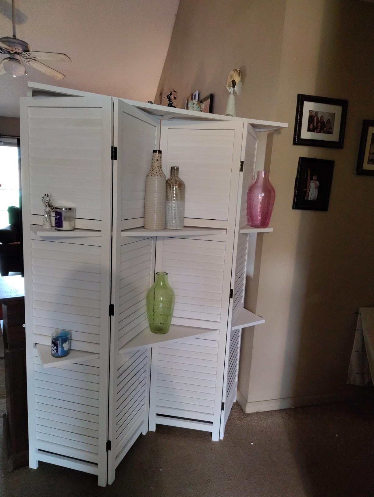 FDW 4 Panel Room Divider Folding Privacy Wooden Screen with Three Clever Shelf Portable Partition Wood Divider for Home Office, White customer photo 1