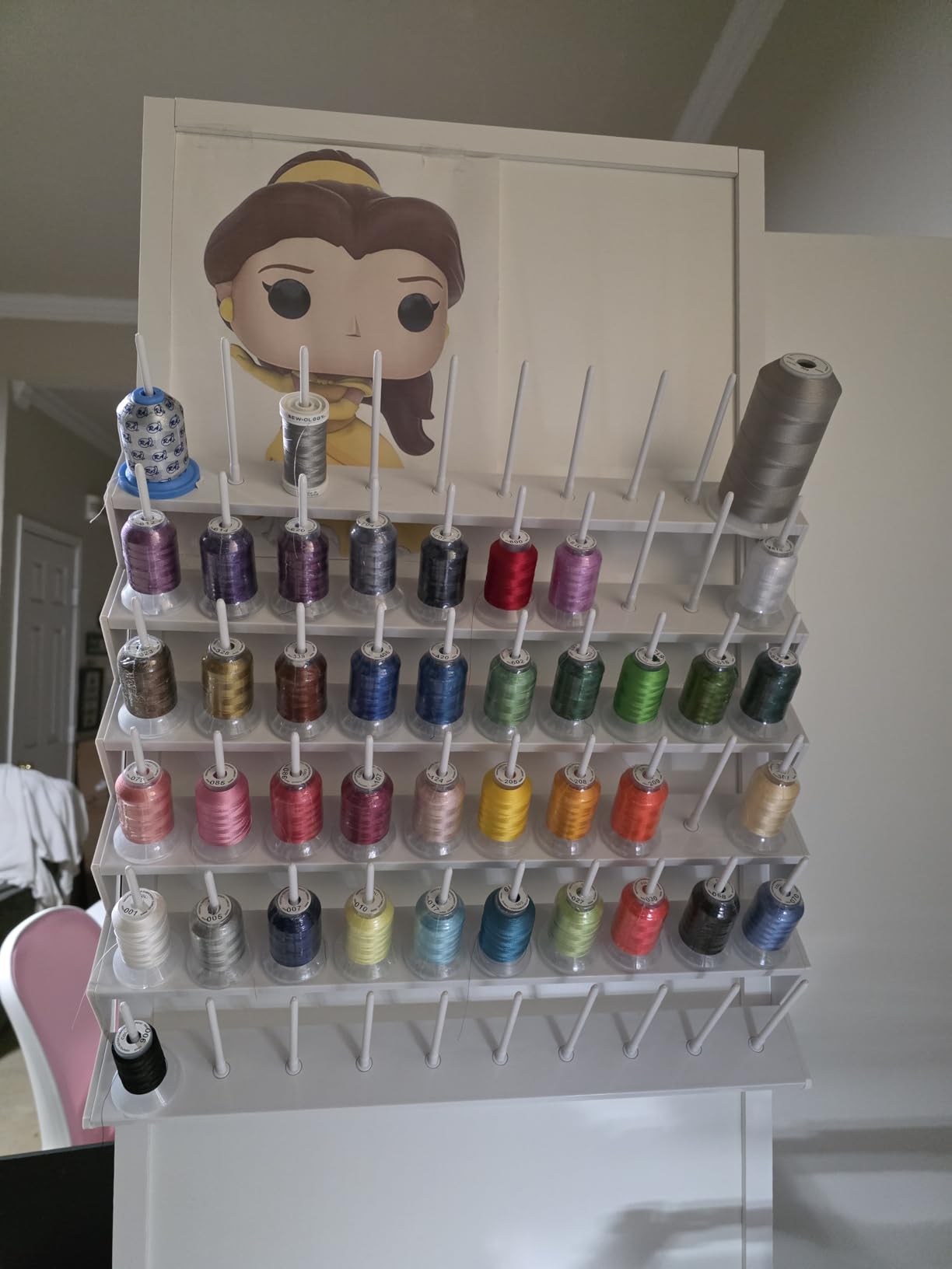 Sew Tech Thread Rack for 60 Spools or 30 Cones, Wall Mounted Large Thread Holder with Long Pegs, Bright White Plastic Thread Stand for Embroidery Serger Sewing Thread Storage and Hair Braiding customer photo 1