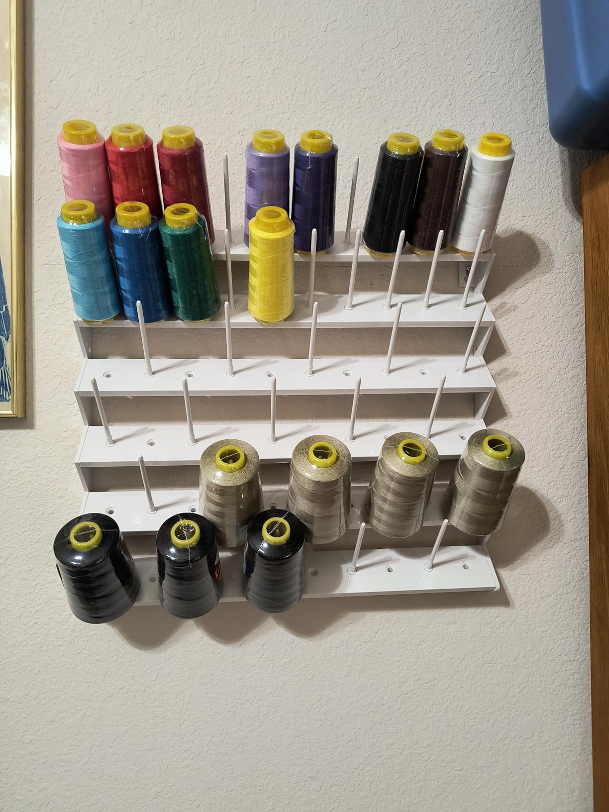 Sew Tech Thread Rack for 60 Spools or 30 Cones, Wall Mounted Large Thread Holder with Long Pegs, Bright White Plastic Thread Stand for Embroidery Serger Sewing Thread Storage and Hair Braiding customer photo 2