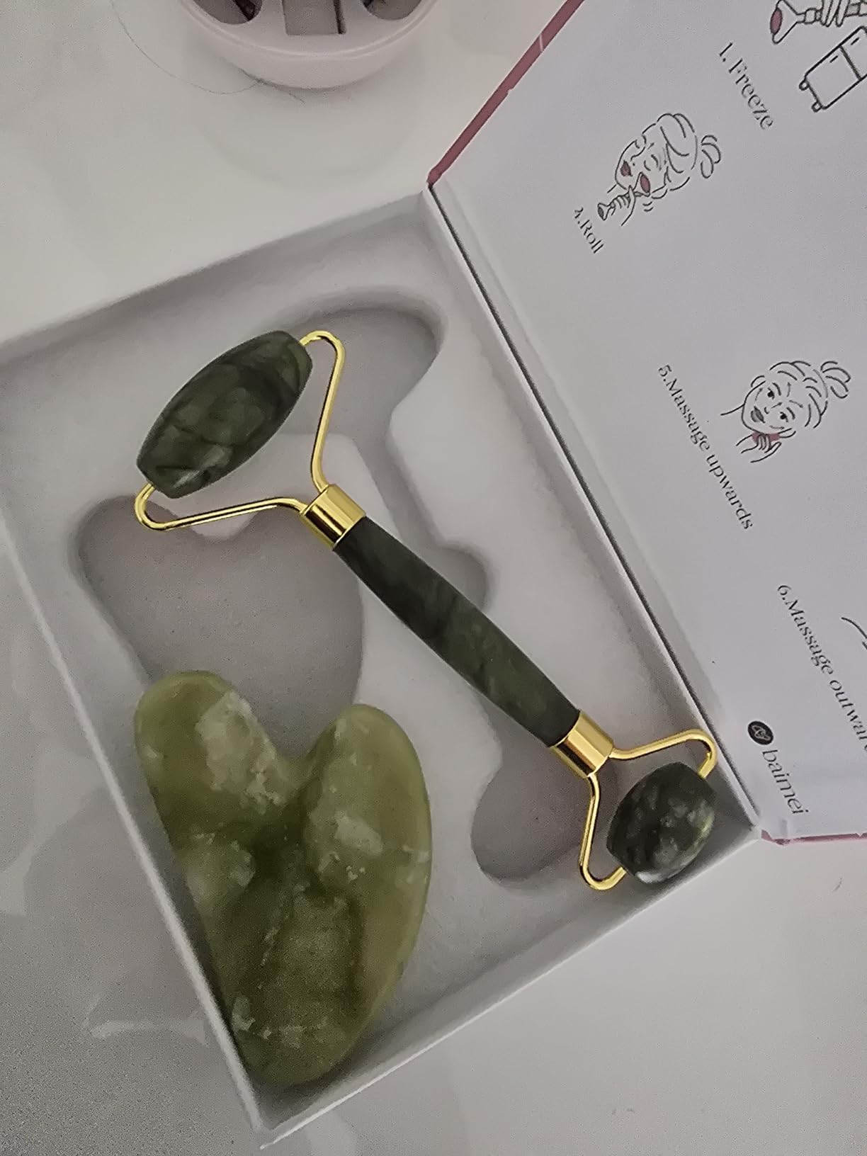 BAIMEI IcyMe Gua Sha & Jade Roller Set for Facial Sculpting and Relaxation | Cooling Face Roller & Guasha Tool for Face Lymphatic Drainage, Depuffing, Jawline Definition, Skin Care Gifts for Women-Green customer photo 1