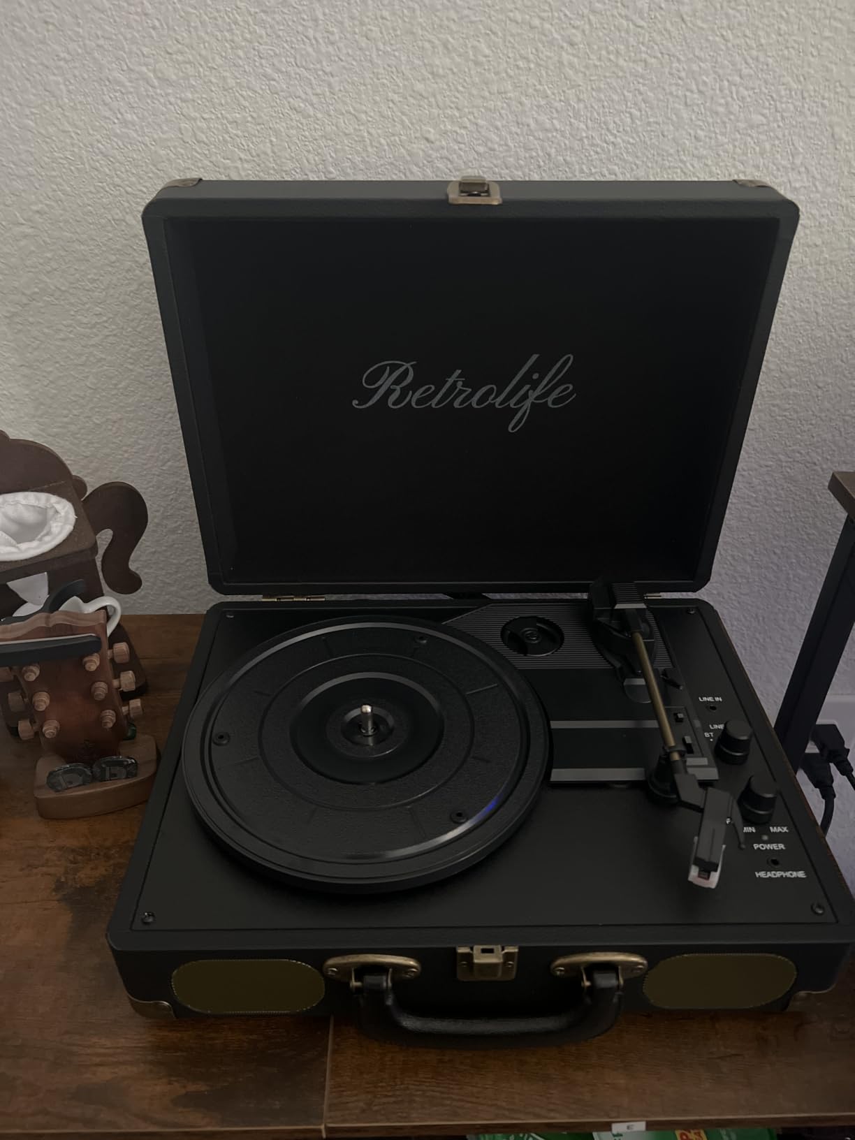 Retrolife Vinyl Record Player with Speakers, Bluetooth Vinyl Player-Black | 3-Speed BT Turntable, Belt-Driven, RCA Line Out & Headphone Jack, Auto Stop, Plays 7/10/12