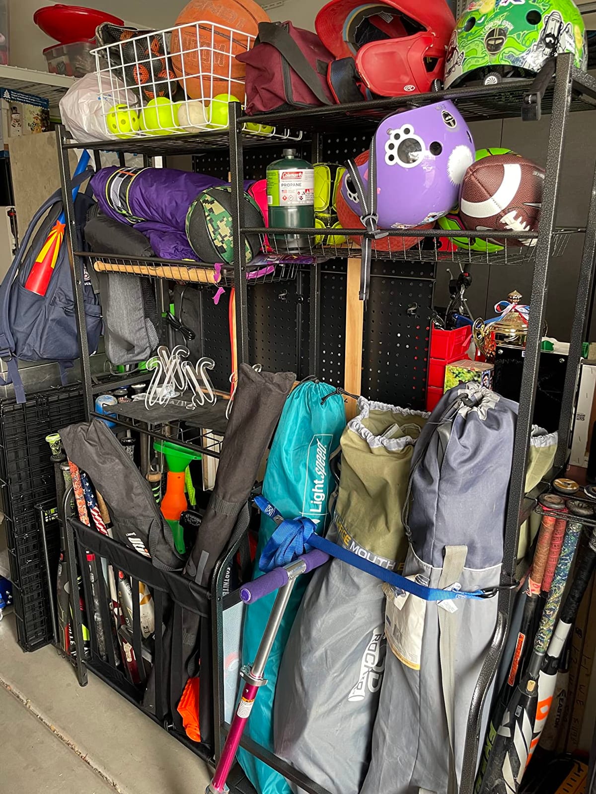 Mythinglogic Sports Equipment Organizer for Garage with Golf Bag Storage | Large metal rack organizes golf bags, sports balls, bats, rackets, skates and accessories with shelves, baskets and hooks customer photo 1