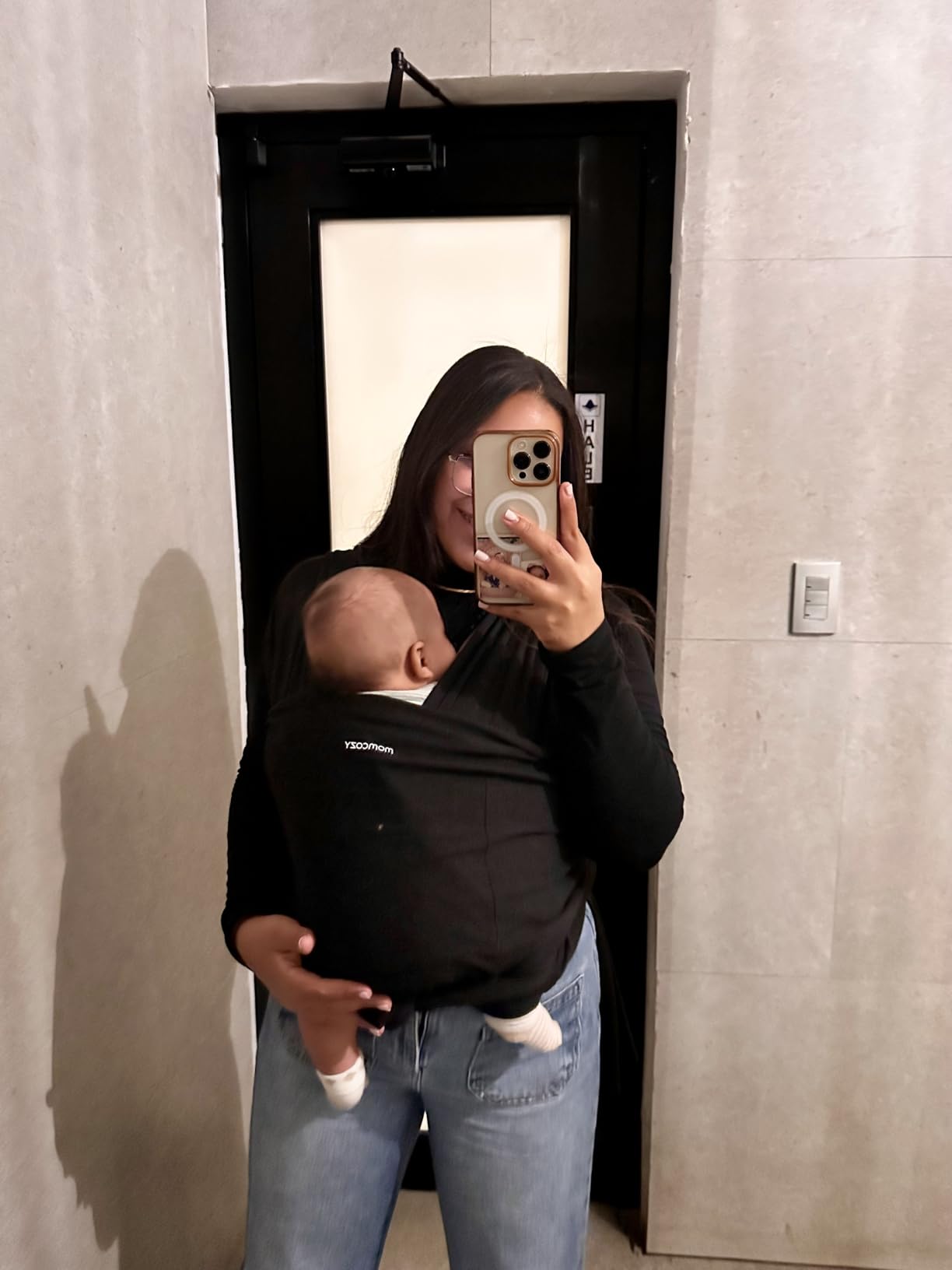 Momcozy Baby Wrap Carrier, Easy-On 2-Piece Design, Newborn to 33 lb | Easy On Like a T-Shirt, XXS-XXL Adjustable Fit, IHDI Hip-Healthy, Lightweight Hands-Free Comfort Baby Sling Carrier, Black customer photo 1