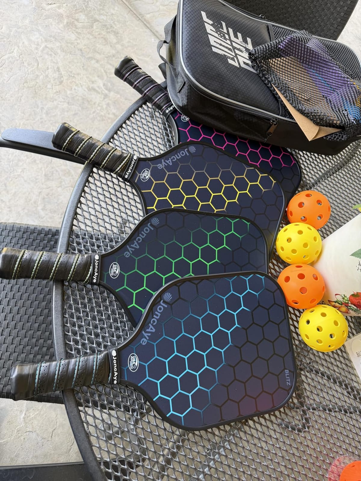 JoncAye Pickleball Paddles Set of 4 or 2 Fiberglass Rackets USAPA Approved | Lightweight Pickle Ball Equipment, 4 Outdoor Indoor Balls, Racquet Bag, Overgrip, for Beginners, Adult, Youth, Men & Women customer photo 1