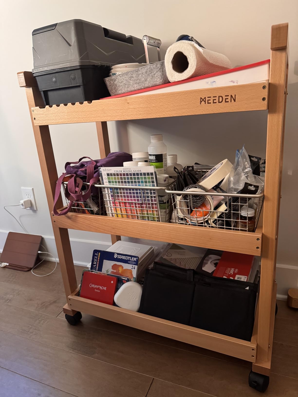 MEEDEN Rolling Art Supply Cart: Solid Beech Wood 3-Tier Storage Trolley customer photo 1