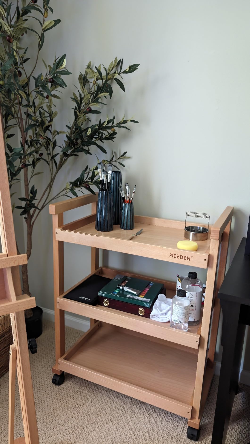 MEEDEN Rolling Art Supply Cart: Solid Beech Wood 3-Tier Storage Trolley customer photo 2