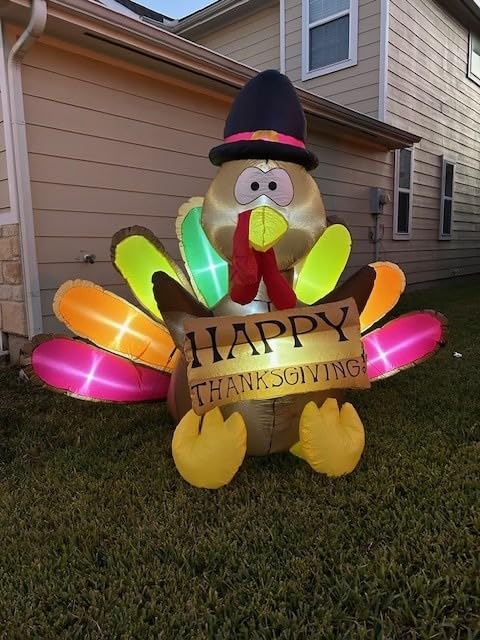 6FT Thanksgiving Inflatables Turkey Decor with Pilgrim Hat & Colorful Tail | Build in LEDs Blow up Turkey, Waterproof Fabric, Durable Blower, Outdoor Indoor Lawn Yard Autumn Holiday Harvest Decorations customer photo 1