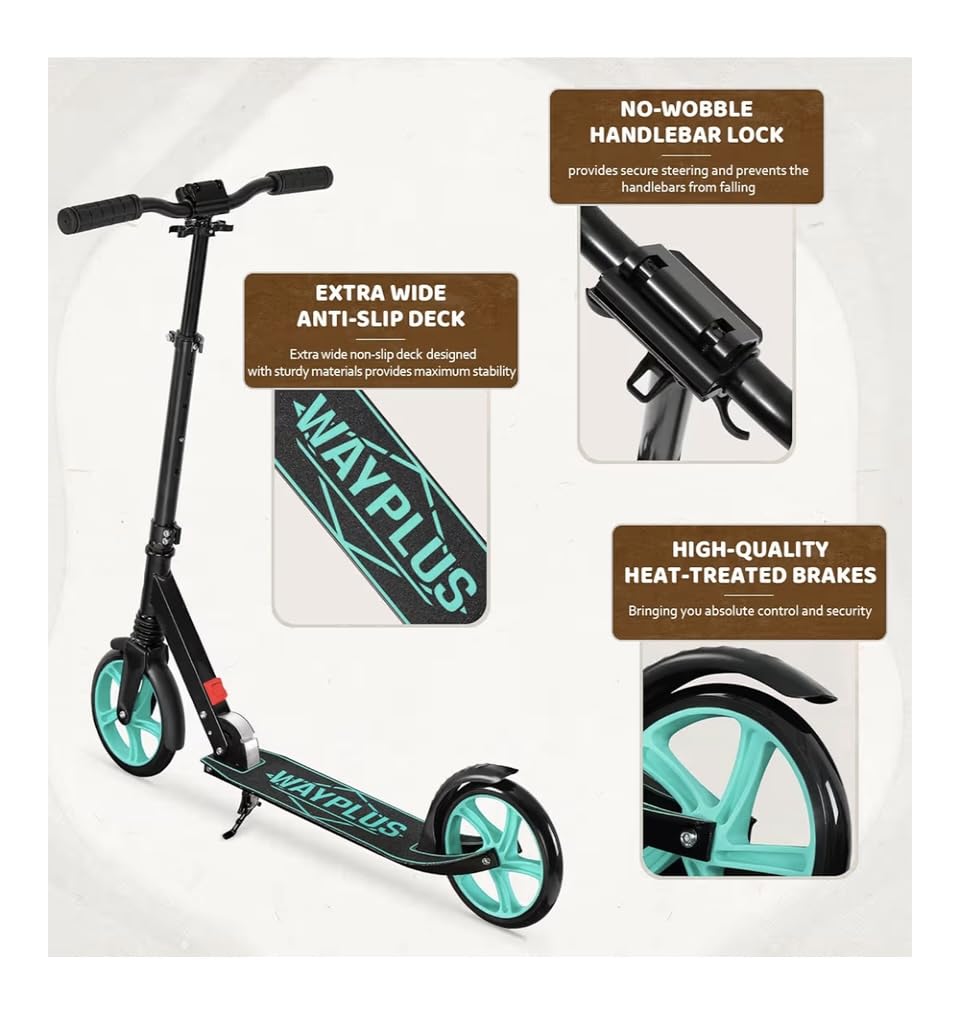 WAYPLUS Kick Scooter for Ages 6+, Kid, Teens & Adults. 8 Big Wheels, 240lb | One-button Fold, Lightweight, 4 Adjustable Height, Bearing ABEC9, 20