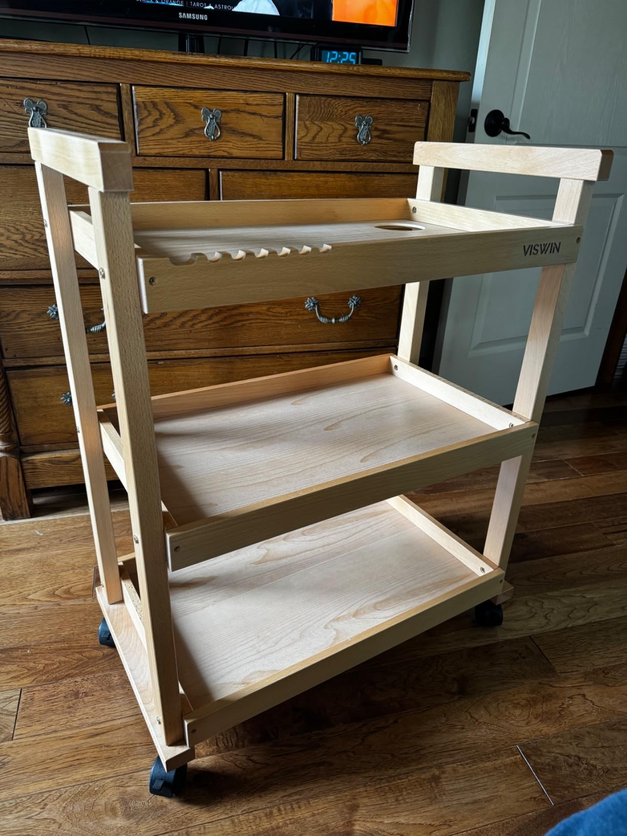 VISWIN Art Cart Organizer, Solid Beechwood Art Supply Storage Organizer with Caster Wheels, 3-Tier Multifunctional Rolling Utility Storage Cart for Studio, Classroom, Artists - Natural customer photo 1